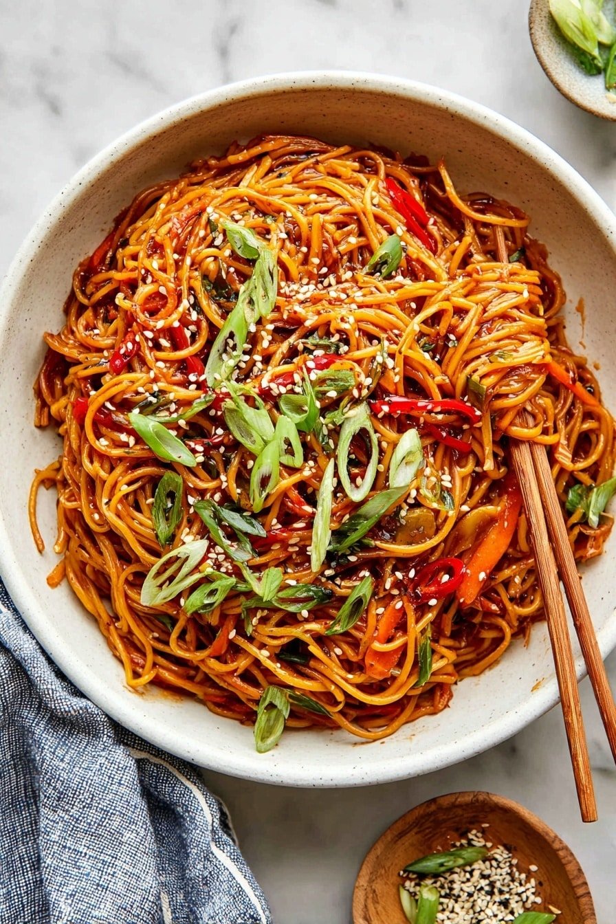 A large white bowl holds a serving of thin noodles coated in a reddish-brown sauce with a slightly glossy texture. The noodles are mixed with thin slices of bright red chili and small carrot strips. On top, there is a generous layer of sliced green onions scattered, adding a fresh green color. White sesame seeds are sprinkled all over, creating small white spots on the noodles. Wooden chopsticks rest on the right side of the bowl, partially placed into the noodles. The bowl sits on a white marbled surface with a hint of a blue striped cloth nearby, and a small wooden bowl with more green onions and sesame seeds is visible on the right. Photo taken with an iphone --ar 2:3 --v 7