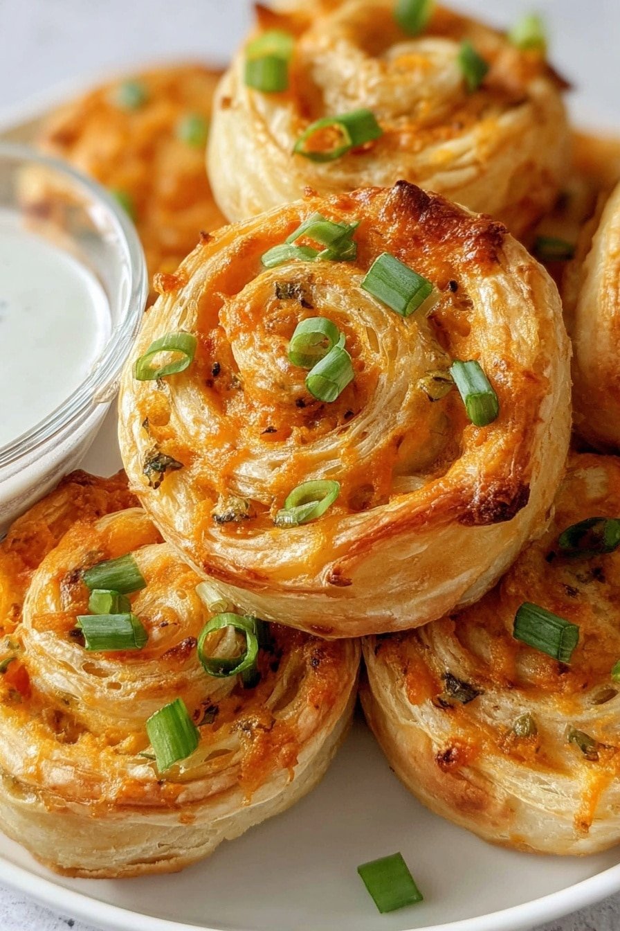 The image shows a close-up of several golden brown puff pastry pinwheels with a textured, flaky outer layer and an inner swirl filled with an orange cheese mix. Each pinwheel is topped with small pieces of chopped green onions scattered on the surface, adding a fresh green contrast to the warm tones. The pinwheels are placed on a white plate, sitting on a white marbled textured background. On the left side, there is a small glass bowl filled with white dipping sauce visible next to the pinwheels. photo taken with an iphone --ar 2:3 --v 7