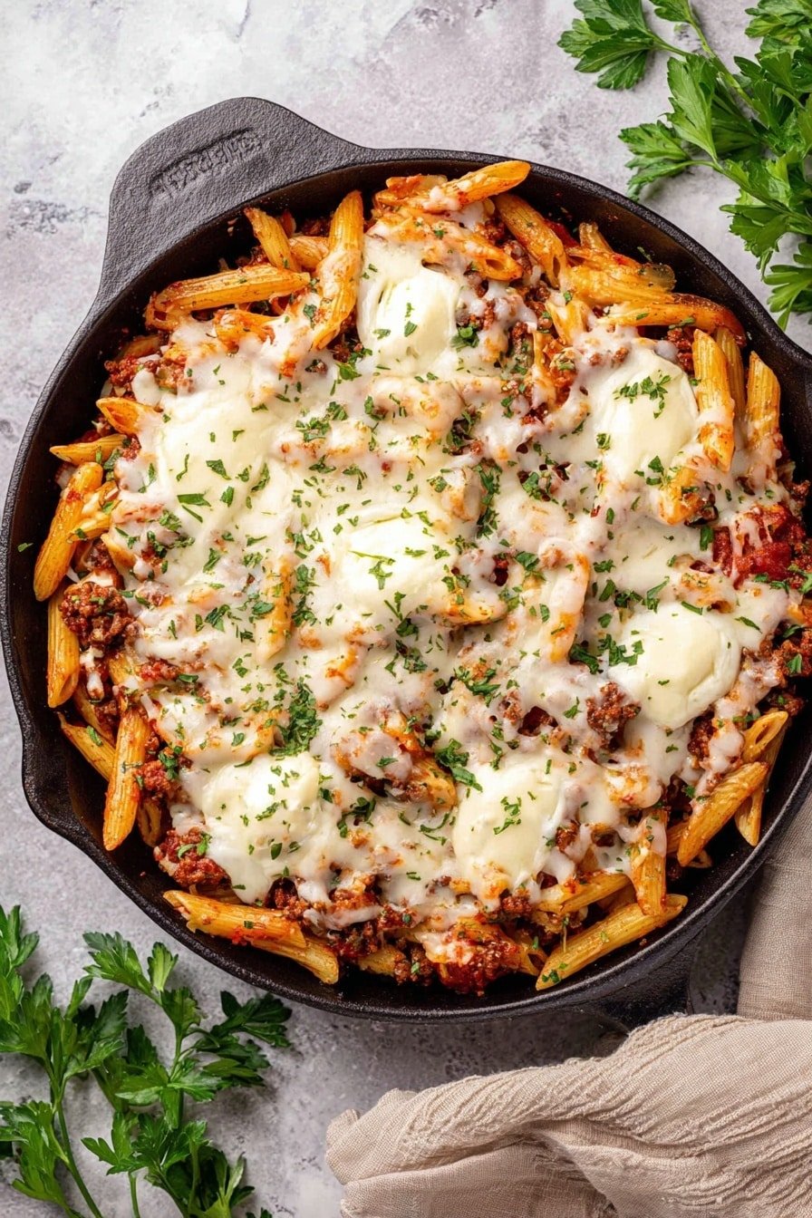 A black skillet filled with baked penne pasta mixed with chunks of red tomato sauce and browned ground meat, topped with several creamy white dollops of melted cheese and a layer of golden-brown melted cheese covering the dish, sprinkled with chopped green herbs on top. The skillet rests on a light gray surface with white marbled texture nearby, along with some green parsley leaves and a beige cloth partially visible. Photo taken with an iphone --ar 2:3 --v 7