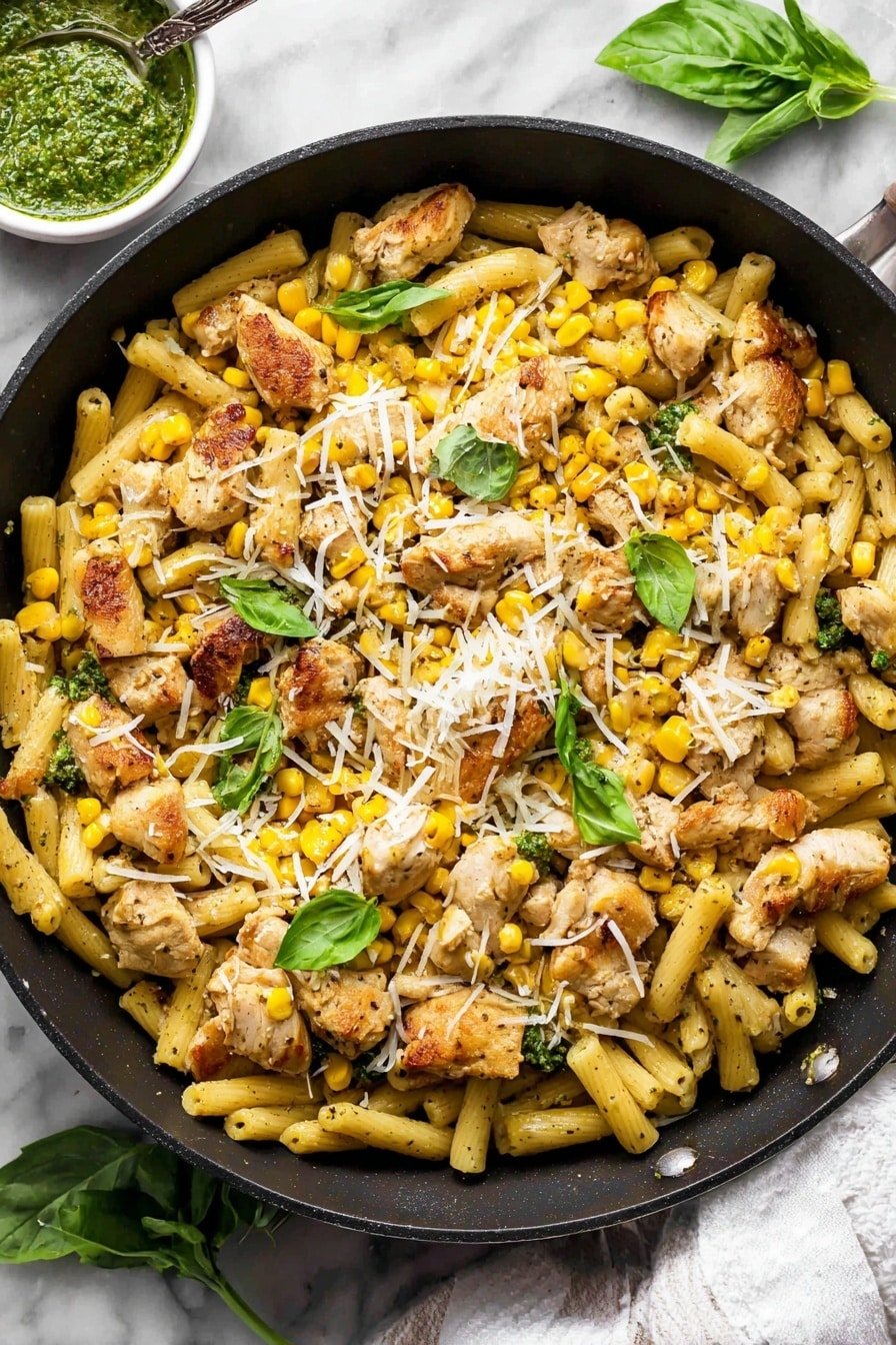 A close-up view of a black skillet filled with three main layers: the bottom layer has cooked casarecce pasta with a light sheen, the middle layer contains tender, browned pieces of chicken mixed evenly with bright yellow corn kernels, and the top layer is sprinkled with grated white cheese and fresh green basil leaves scattered across. On the top left corner, there is a small white bowl with green pesto sauce and a spoon inside. The skillet is placed on a white marbled surface with a white cloth partially visible on the top right side. Photo taken with an iphone --ar 2:3 --v 7