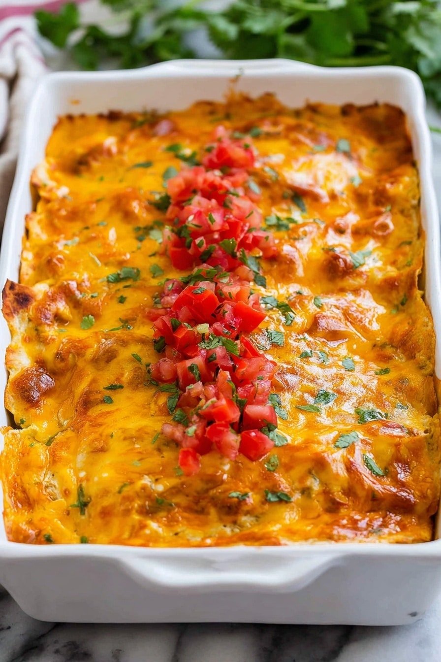 A white rectangular baking dish filled with a baked layered dish that has a top layer of melted, golden yellow and orange cheese, slightly browned at the edges. In the center, there is a thick line of diced red tomatoes mixed with chopped green herbs spread evenly from top to bottom. The texture of the cheese looks creamy and glossy, with parts showing soft, melted bubbles. The dish is placed on a white marbled surface, and fresh green herbs are slightly visible in the blurred background. Photo taken with an iphone --ar 2:3 --v 7