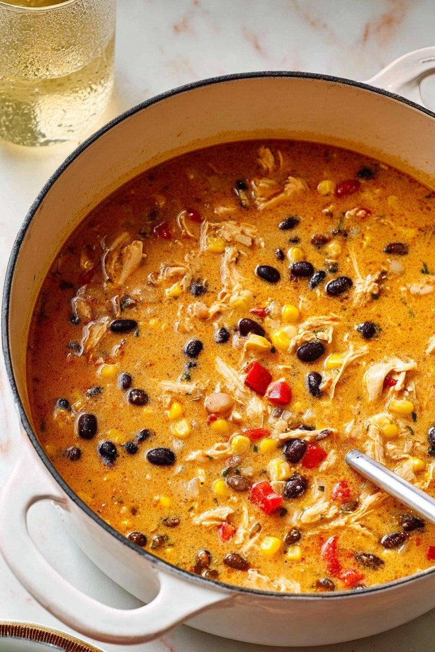 The image shows a white pot filled with thick, creamy soup that has many visible ingredients, including yellow corn kernels, black beans, small red pepper pieces, and shredded chicken. The soup is a warm orange color with a mix of textures from the smooth broth and the chunky vegetables and meat. A metal spoon is partly visible inside the pot, resting near the edge. The pot is placed on a white marbled surface. In the background, part of a glass filled with a cold drink is visible. photo taken with an iphone --ar 2:3 --v 7
