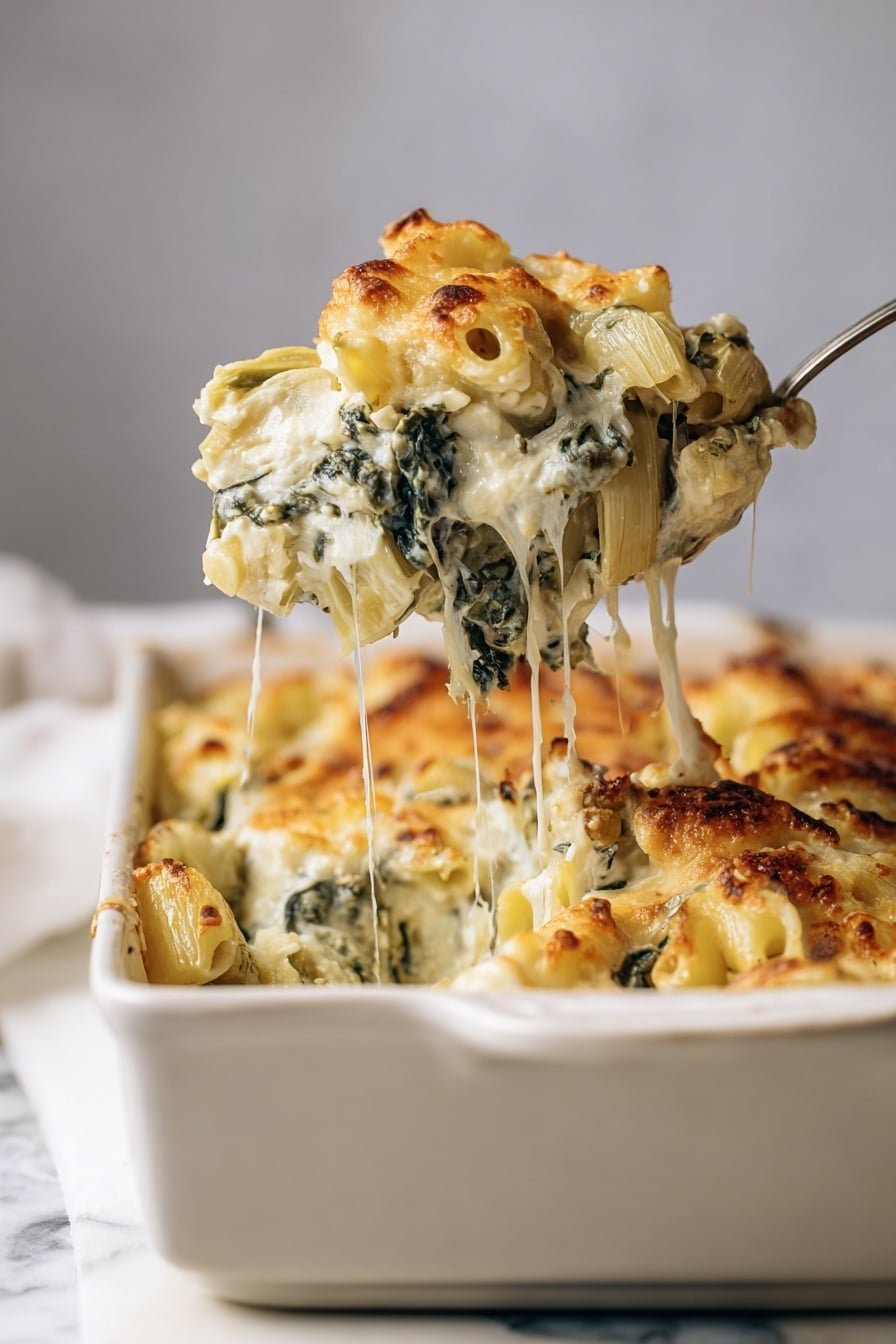 The image shows a close-up of a cheesy pasta bake being lifted with a metal spoon from a white rectangular ceramic dish placed on a white marbled surface. The dish has three visible layers: the top layer is golden brown and crispy melted cheese, the middle layer is creamy white sauce mixed with melted cheese, and the bottom layer contains pasta with green leafy vegetables like spinach. The cheese is stretchy and pulls apart in long strings from the pasta, which is tubular and ridged. The background and lighting make the textures of the creamy sauce, melted cheese, pasta, and greens clear. photo taken with an iphone --ar 2:3 --v 7