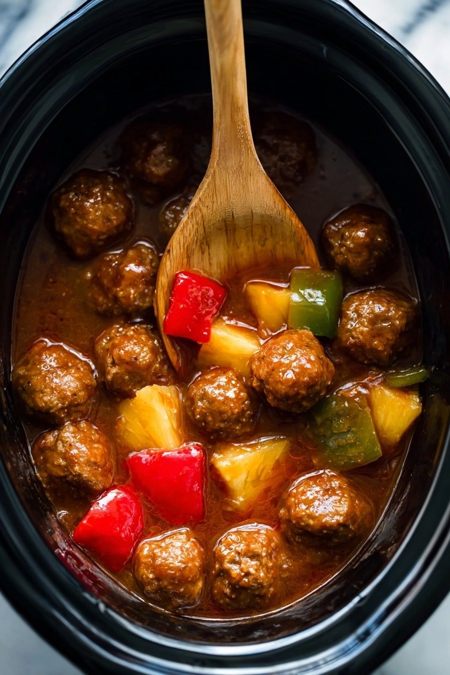 The image shows a close-up of a black slow cooker filled with round, golden-brown meatballs in a shiny, thick brown sauce. Among the meatballs are pieces of green and red bell peppers, and yellow pineapple chunks, all mixed into the sauce. A wooden spoon with a smooth texture is partially submerged, lifting some sauce and vegetables. The inside of the cooker is glossy black, and the background is a white marbled surface. photo taken with an iphone --ar 2:3 --v 7