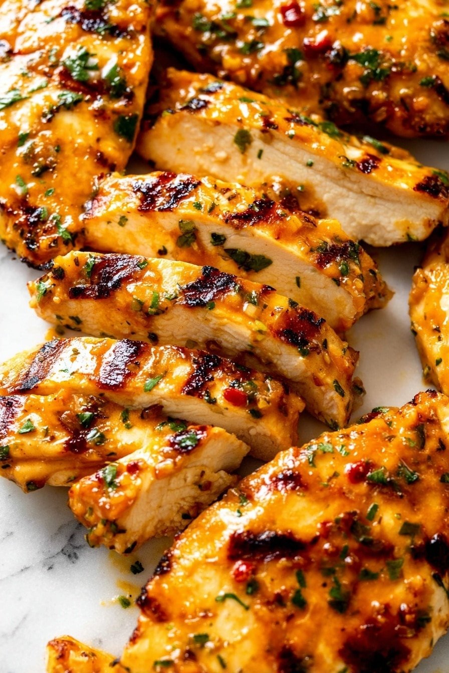 The image shows several pieces of golden-brown cooked chicken slices arranged closely together on a white marbled surface. Each slice has a slightly crispy texture with some grill marks, and they are coated with a shiny, orange-colored sauce that has bits of green herbs sprinkled all over. The inside of the chicken slices is white and looks tender and juicy. Small red specks are visible in the sauce, adding extra color contrast, and the chicken pieces vary slightly in size and thickness, creating a layered effect. photo taken with an iphone --ar 2:3 --v 7