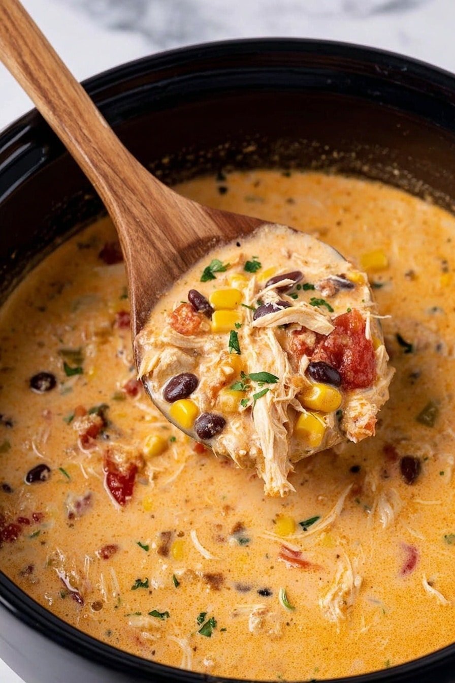 A close-up of a black pot filled with creamy soup that has a thick texture, light orange color, and is mixed with pieces of shredded white chicken, bright yellow corn kernels, black beans, small red tomato chunks, and green herbs on top. A wooden spoon is scooping some soup from the middle, showing the mix of textures and colors in the creamy liquid. The background is a white marbled texture. Photo taken with an iphone --ar 2:3 --v 7