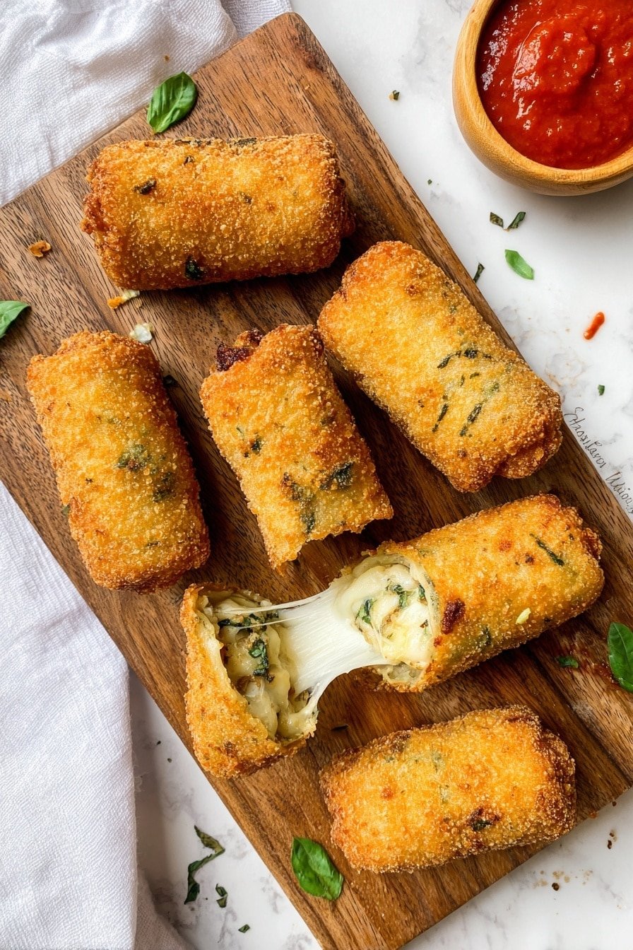 The image shows seven golden-brown crispy fried rolls placed on a wooden board. Six rolls are whole, showing a crunchy, textured coating with small green herb pieces visible through the crust. One roll is open, revealing melted white cheese stretching out with small green herbs mixed inside, giving a soft and creamy look. The wooden board also has small green herb leaves scattered around the rolls. A dollop of red sauce sits in a small wooden bowl on the top right corner. The background is a white marbled texture with a white cloth partially visible. Photo taken with an iphone --ar 2:3 --v 7