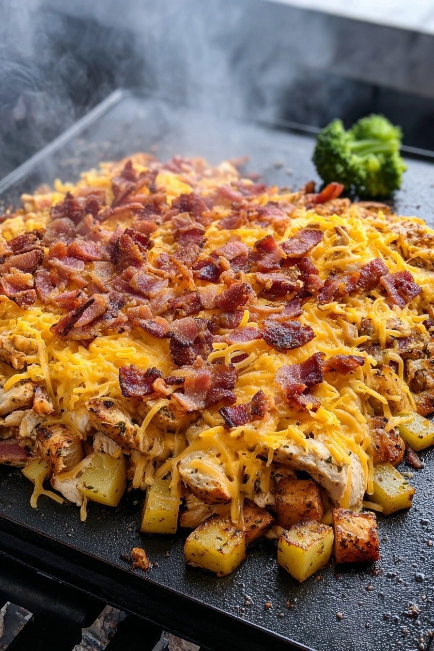 The image shows a cooked dish made of several layers placed on a black flat grill. The bottom layer has light brown, grilled pieces of chicken mixed with small yellow potato cubes. On top of this is a layer of melted orange-yellow shredded cheese spread evenly. The top layer is crispy brown bacon pieces scattered over the cheese. In the top right corner, there is a small green broccoli floret on the grill. The background is a white marbled surface with some smoke rising from the hot grill. Photo taken with an iphone --ar 2:3 --v 7
