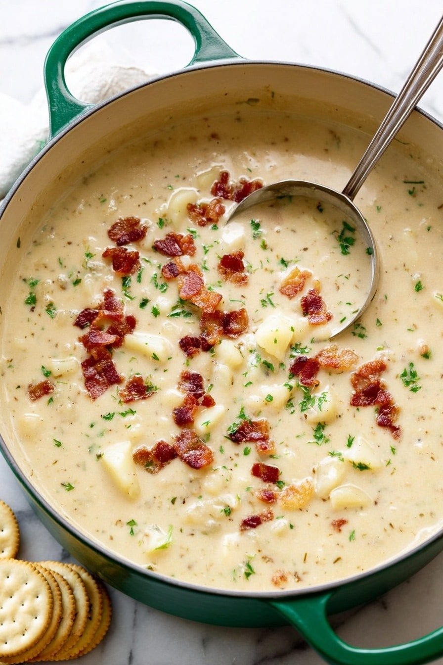 A large green pot filled with creamy, thick soup that has visible small chunks of potatoes and bits of parsley. The soup is a light beige color with scattered pieces of crispy, reddish-brown bacon on top, adding texture and color contrast. A large metal ladle rests inside the pot, partially submerged in the soup, with its handle extending out over the pot's edge. The pot sits on a white marbled surface with a small stack of round, pale crackers nearby. Photo taken with an iphone --ar 2:3 --v 7