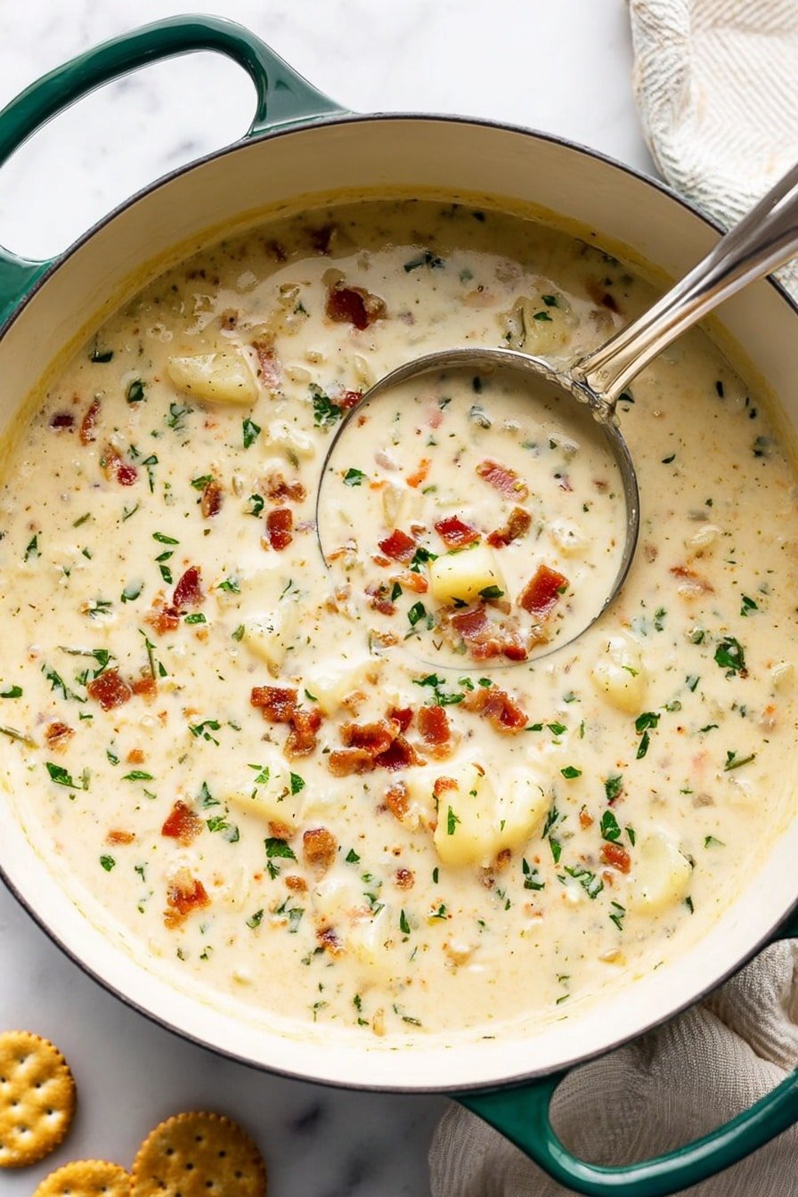 A pot filled with creamy soup made of chunks of potatoes and small pieces of bacon spread throughout. The soup has a thick, smooth texture with small green herb bits sprinkled on top. The pot is white inside with a green handle visible on the side, sitting on a white marbled surface. A large silver ladle with a long handle is dipped into the soup with its handle resting on the edge. Around the pot, there are a few small round crackers and a light cloth nearby. The overall look is cozy and hearty. photo taken with an iphone --ar 2:3 --v 7