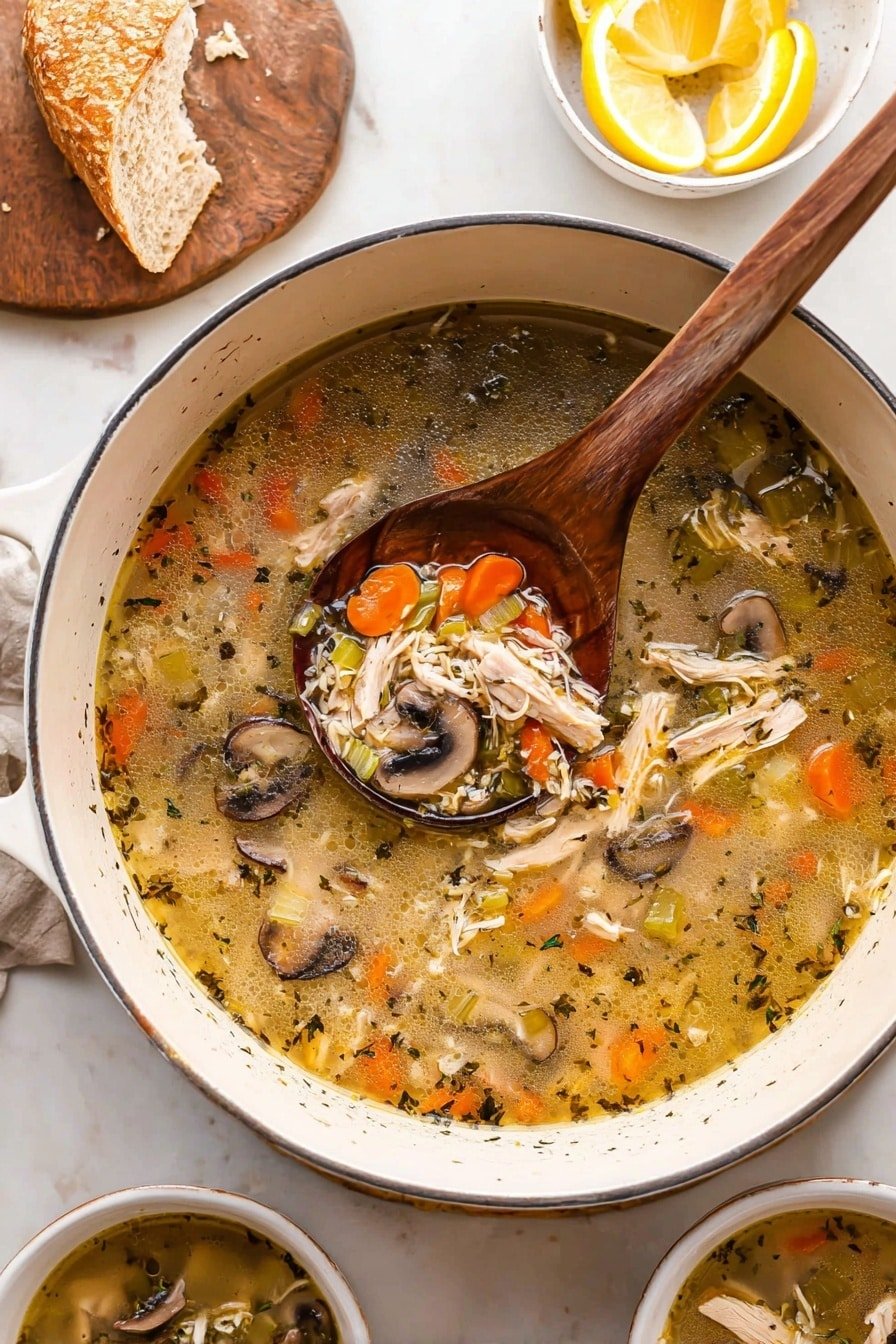 A large white pot filled with a clear broth soup containing visible layers of orange carrot pieces, green celery chunks, shredded white chicken, sliced dark brown mushrooms, and small bits of herbs floating throughout. A wooden spoon rests in the pot, scooping a mixture of these ingredients. Around the pot, there are small white bowls holding more soup with similar colorful ingredients and a small white plate with lemon slices. A piece of bread rests on a wooden board in the background, all placed on a white marbled surface. photo taken with an iphone --ar 2:3 --v 7