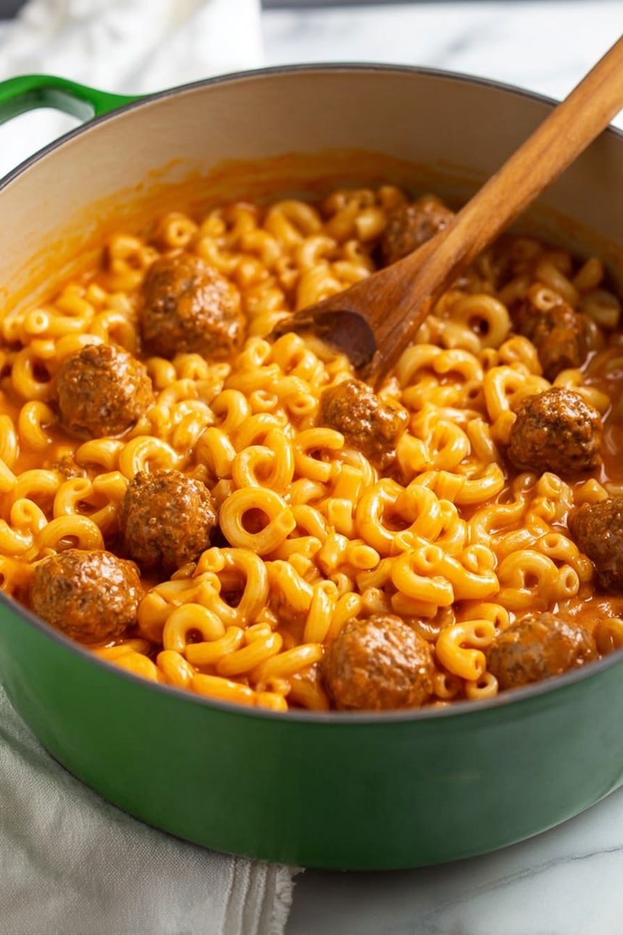 A green pot filled with small round pasta rings and small brown meatballs mixed together in a thick orange sauce, a wooden spoon is stirring the pasta and meatballs inside the pot, the pot sits on a white marbled surface with a white cloth in the background, the pasta looks soft and coated evenly with the sauce, while the meatballs have a slightly textured surface, photo taken with an iphone --ar 2:3 --v 7
