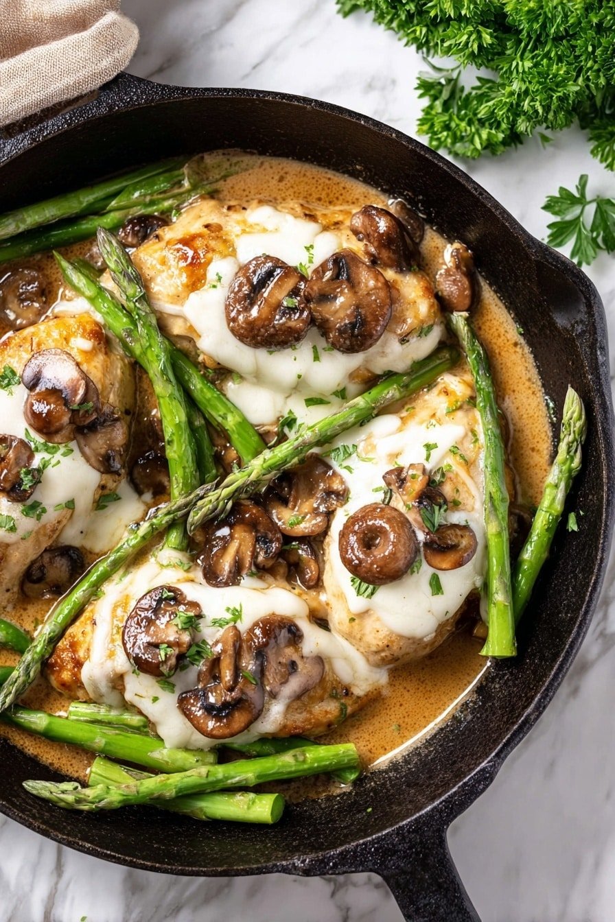 In a black cast iron pan, there are three pieces of cooked chicken topped with melted white cheese. On top of each piece, there are brown sautéed mushroom slices, and a light brown creamy sauce covers the bottom of the pan. Several green asparagus spears are placed over and around the chicken and mushrooms, adding a fresh green color contrast. The pan rests on a white marbled surface with a small bunch of green parsley nearby. The photo is taken with an iphone --ar 2:3 --v 7