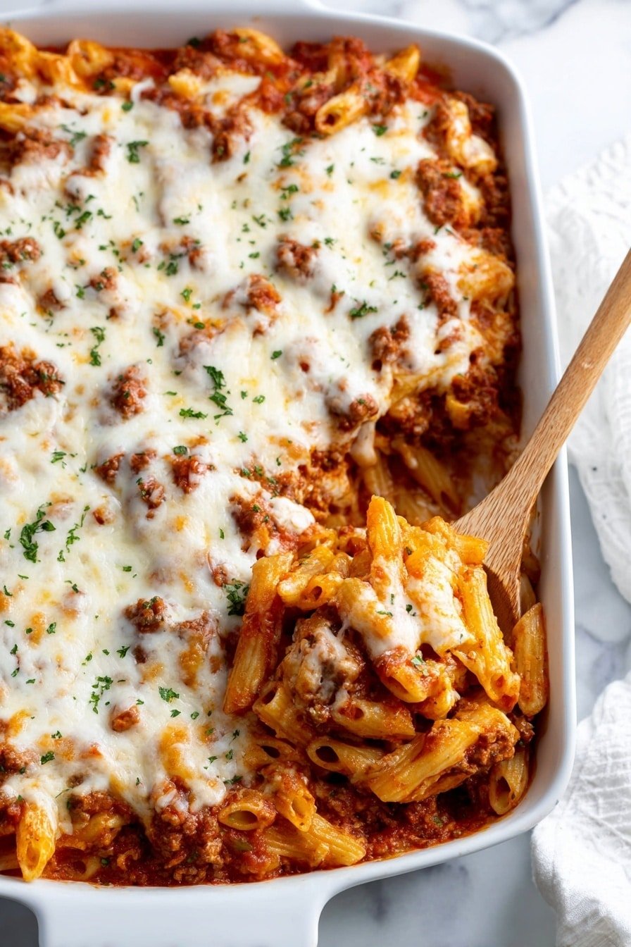 The image shows a white baking dish filled with a layered pasta bake. The bottom layer is a rich red tomato sauce mixed with browned, small chunks of meat and pasta tubes. On top of this is a layer of melted white cheese, spread unevenly with some parts thick and bubbly. The dish is garnished with small green herb pieces scattered across the melted cheese. A wooden spoon is scooping some of the pasta bake from the right side. The background has a white marbled texture with a white cloth visible near the top right corner. Photo taken with an iphone --ar 2:3 --v 7