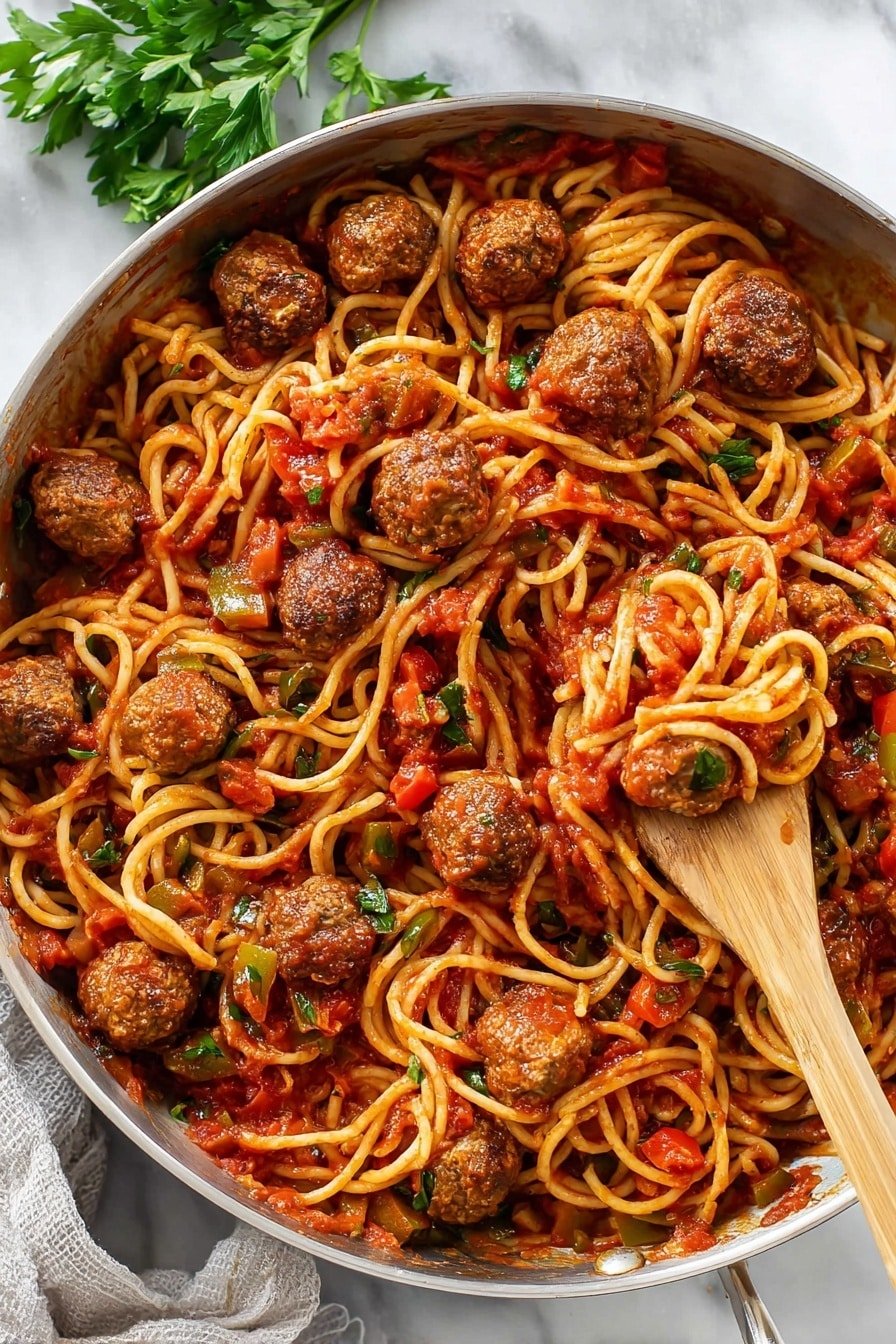 A large skillet filled with cooked spaghetti noodles mixed with small round meatballs, all coated in a chunky red tomato sauce with visible pieces of diced tomatoes, green and red bell peppers, and small bits of herbs. The noodles are golden yellow with a slightly glossy texture, twisted and layered throughout the pan. The meatballs are browned and scattered evenly on top and within the noodles. A wooden spoon rests inside the skillet, partially lifting some noodles and meatballs. The skillet sits on a white marbled surface with sprigs of fresh parsley nearby. Photo taken with an iphone --ar 2:3 --v 7