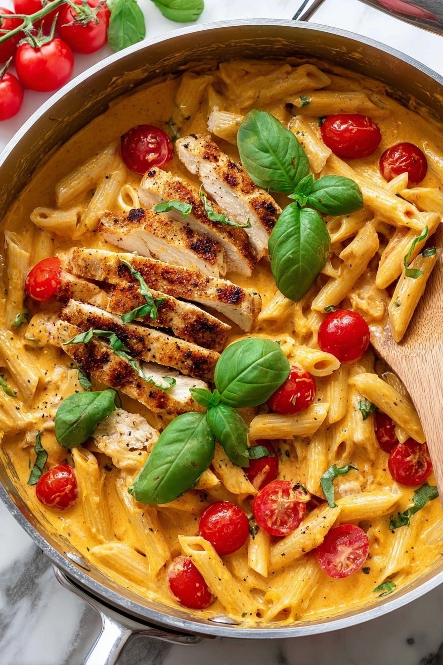 A silver pan with creamy orange pasta, cooked penne layered with bright red cherry tomatoes and slices of grilled chicken seasoned with pepper, placed across the middle. Fresh green basil leaves are scattered on top, adding a vibrant touch. A wooden spoon is resting inside the pan on the right side. The background is a white marbled surface with some red tomatoes visible in the top left corner. Photo taken with an iphone --ar 2:3 --v 7