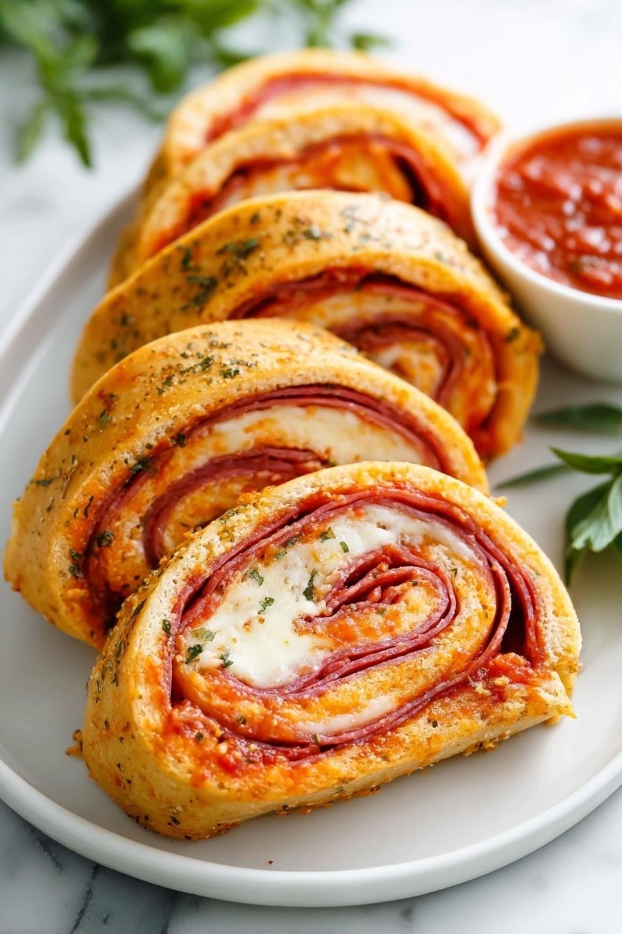 The image shows four thick slices of a rolled pizza on a white plate with a white marbled surface underneath. Each roll has five visible layers, starting from the outside with a golden-brown dough sprinkled with green herbs, followed by a bright orange layer of sauce, then a smooth creamy white layer of melted cheese, a layer of deep red pepperoni slices, and a shiny, slightly textured orange-red layer of sauce in the center. There is a small, round container of red marinara sauce with small green herb bits next to the slices on the plate. In the background, some green leaves add a fresh touch. Photo taken with an iphone --ar 2:3 --v 7