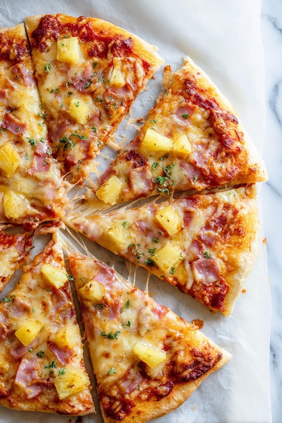 A pizza cut into five slices lies on a white marbled surface covered with white parchment paper. The pizza has a golden crust at the edges, with a layer of red tomato sauce spread evenly. Melted light yellow cheese covers the sauce, with chunks of yellow pineapple and small square pieces of pink ham scattered on top. Small bits of green herbs are sprinkled over the pizza, adding texture and color contrast. Some cheese stretches between the two slices showing softness while the crust edges look firm but tender. photo taken with an iphone --ar 2:3 --v 7