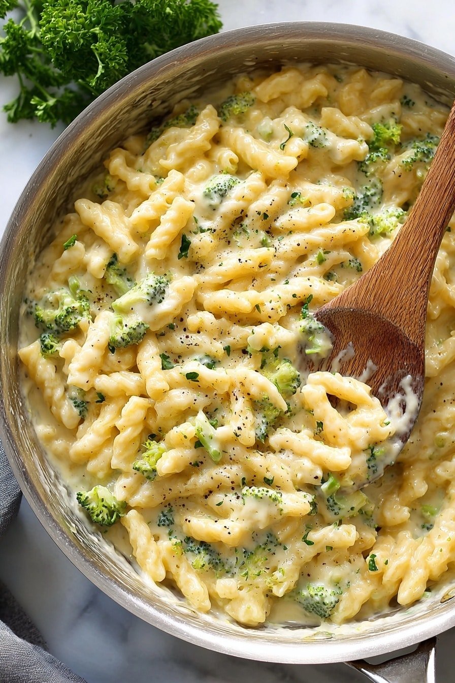 A close-up of a pan filled with creamy pasta mixed with small green broccoli pieces. The pasta is short and ridged, coated in a thick, light yellow cheese sauce with visible black pepper specks. A wooden spoon is stirring the pasta from the top right side, resting slightly in the sauce. The pan is silver and set on a white marbled surface, with some fresh green parsley visible in the background. photo taken with an iphone --ar 2:3 --v 7