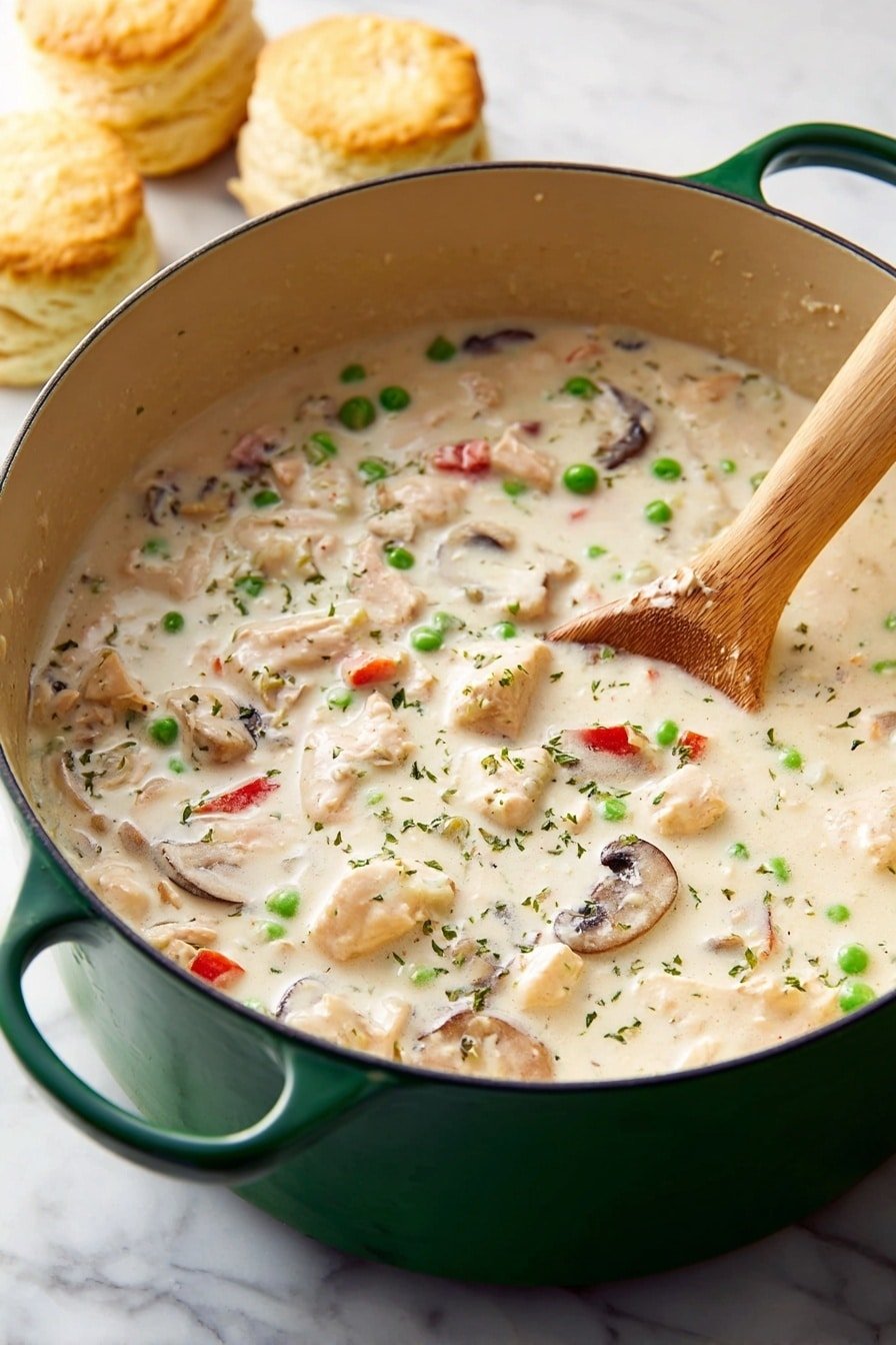A green pot filled with a creamy soup that has several layers of ingredients mixed in, including light beige chunks of meat, green peas, small bits of red peppers, and slices of brown mushrooms, all combined in a thick white sauce with flecks of herbs spread throughout. A wooden spoon is partially dipped in the soup on the right side of the pot, stirring the mixture. In the background, there are three golden-brown biscuits resting softly against the pot on a white marbled surface. photo taken with an iphone --ar 2:3 --v 7