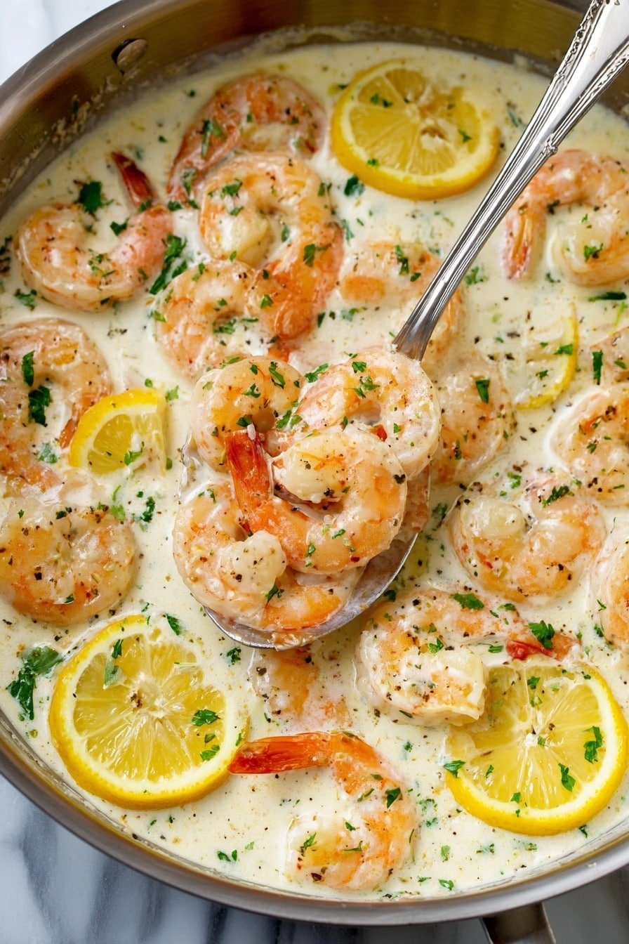 The image shows a pan full of cooked shrimp in a creamy white sauce. The shrimp are pink-orange with tails on and are scattered evenly in the sauce, which looks smooth and thick. There are thin slices of bright yellow lemon placed inside the sauce around the shrimp. Small pieces of green parsley are sprinkled on top, adding color and freshness. A silver spoon is lifting several shrimp and sauce from the pan, showing the texture and layers of the dish. The pan is on a white marbled surface. photo taken with an iphone --ar 2:3 --v 7