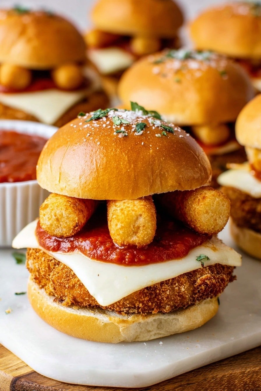 The image shows a sandwich with four visible layers on a white marbled surface. The bottom layer is a light golden brown bun. On top of the bun is a crispy, breaded patty with a rough texture in golden brown color. Above the patty is a smooth, white melted slice of cheese covering red sauce, which looks thick and spread evenly. The top layer has three golden brown, cylindrical fried sticks placed side by side on the melted cheese. The sandwich is finished with a shiny top bun sprinkled with green herbs and white salt grains. In the background, there are multiple similar sandwiches on a wooden board, and a white bowl filled with red sauce is partially visible. Photo taken with an iphone --ar 2:3 --v 7