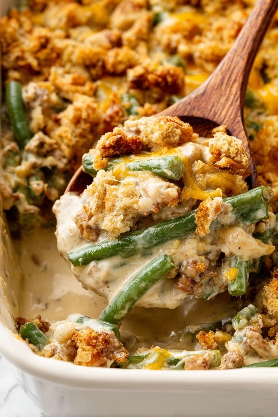 The image shows a close-up of a creamy casserole in a white dish, with a wooden spoon scooping out a portion. The casserole has three main layers: the bottom layer is a smooth, light beige creamy sauce; the middle layer contains green beans mixed with small pieces of cooked meat and some melted cheese, adding a slightly stringy texture; the top layer is a golden brown crunchy topping made of crumbled bread or stuffing, which is unevenly spread and has a textured, toasted look. The white dish rests on a white marbled surface. photo taken with an iphone --ar 2:3 --v 7