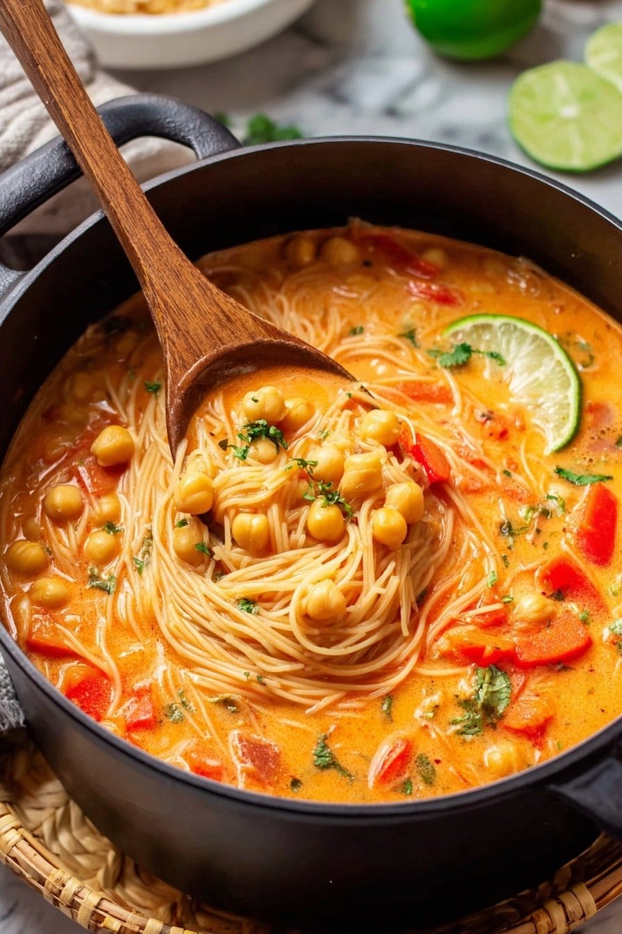A black pot filled with orange creamy soup that has thin noodles spread evenly throughout the dish. The soup includes round chickpeas and large pieces of red and orange vegetables, likely peppers or carrots, floating on top. Green herbs are scattered lightly in the soup, and a wedge of lime sits near the edge inside the pot. A wooden spoon is scooping out some noodles, chickpeas, and vegetables from the soup. The pot is placed on a wicker surface with a white marbled background visible below and around it, along with a blurred green lime and a white bowl in the background. Photo taken with an iphone --ar 2:3 --v 7