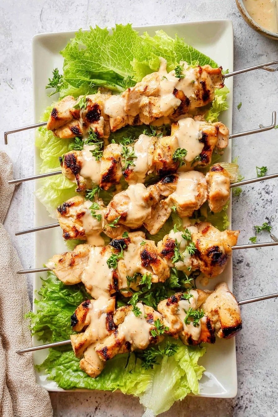 Five metal skewers lie on a rectangular white plate over a base layer of green lettuce leaves with visible veins and texture. Each skewer is filled with multiple pieces of grilled light golden chicken with charred spots, covered unevenly with a creamy beige sauce that drips slightly. Small green herb leaves are sprinkled over the sauce and chicken, adding a fresh touch. The plate sits on a light gray surface with a white marbled texture, and a beige cloth is partially visible on the left edge of the image. Photo taken with an iphone --ar 2:3 --v 7