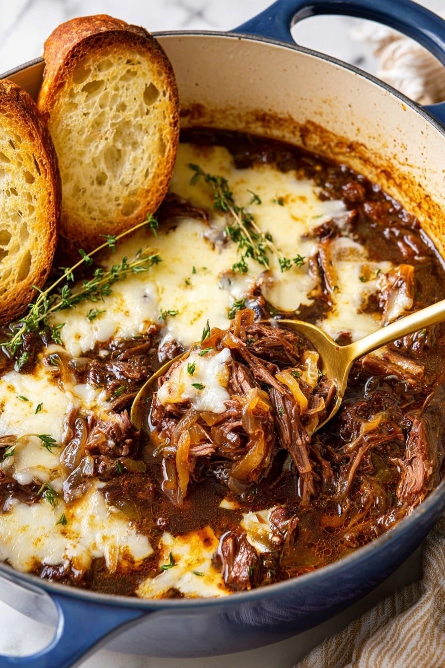 A blue pot filled with a rich stew of shredded dark brown meat layered with melted white cheese scattered unevenly on top. The stew has a glossy texture with strands of caramelized onions and a few sprigs of fresh green thyme laid on the surface. Two slices of light golden toasted bread rest on the left side, partially submerged in the stew. A shiny gold spoon is inserted into the stew near the center, lifting some meat and cheese. The pot sits on a white marbled surface and a beige and white striped cloth is barely visible in the background. photo taken with an iphone --ar 2:3 --v 7