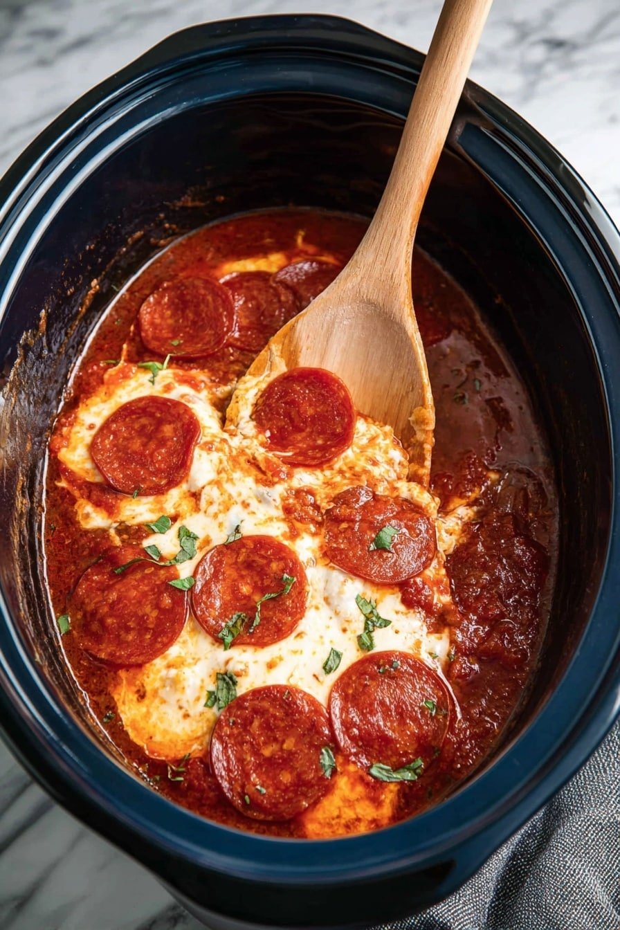 A black slow cooker filled with a rich layer of dark red tomato sauce, topped with a thick, melted layer of creamy white cheese that is partly mixed into the sauce. On top of the cheese layer, there are several evenly spaced, round, reddish-brown pepperoni slices, some slightly glossy from the sauce. Small green herb pieces are sprinkled over the whole dish, adding a fresh touch. A wooden spoon with a long handle is resting inside the cooker, partly lifting the cheese and sauce layers. The slow cooker is placed on a white marbled surface with a gray cloth nearby. photo taken with an iphone --ar 2:3 --v 7