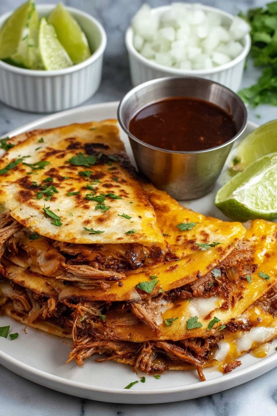 A white plate holds a stack of four golden-brown folded tortillas filled with tender, shredded meat and melted cheese, with small bits of chopped green herbs sprinkled on top. The tortillas have a crisp, slightly charred texture with darker spots across their surfaces. Next to the stack is a small metallic cup filled with dark red sauce, and behind the plate, two white ramekins are visible—one containing white chopped onions and the other filled with lime wedges. The entire scene is set against a white marbled surface. photo taken with an iphone --ar 2:3 --v 7