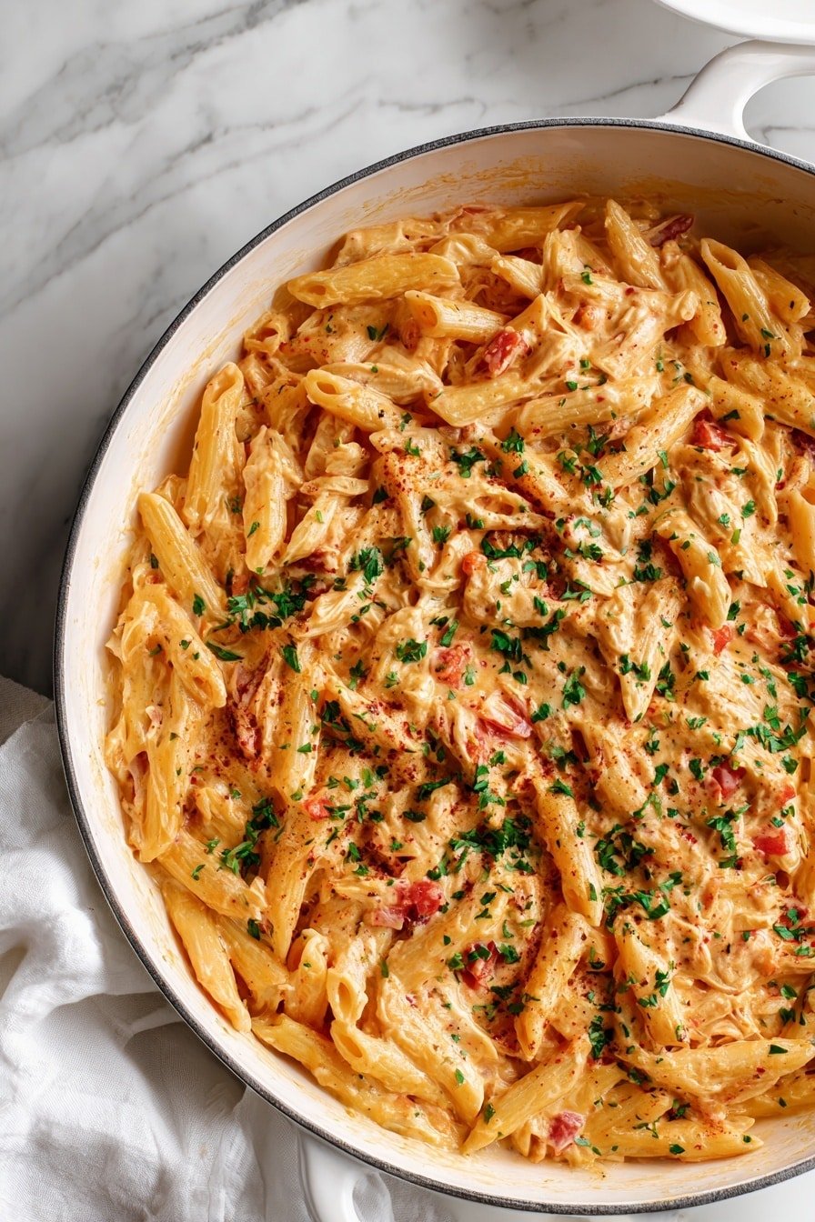 A large white pan filled with creamy penne pasta layered with pieces of shredded light beige chicken and small bits of red tomatoes, all mixed evenly in a smooth, pale orange sauce. On top, a light sprinkle of chopped green herbs adds a fresh color contrast. The pan sits on a white marbled surface with a white cloth nearby, creating a soft background. Photo taken with an iphone --ar 2:3 --v 7