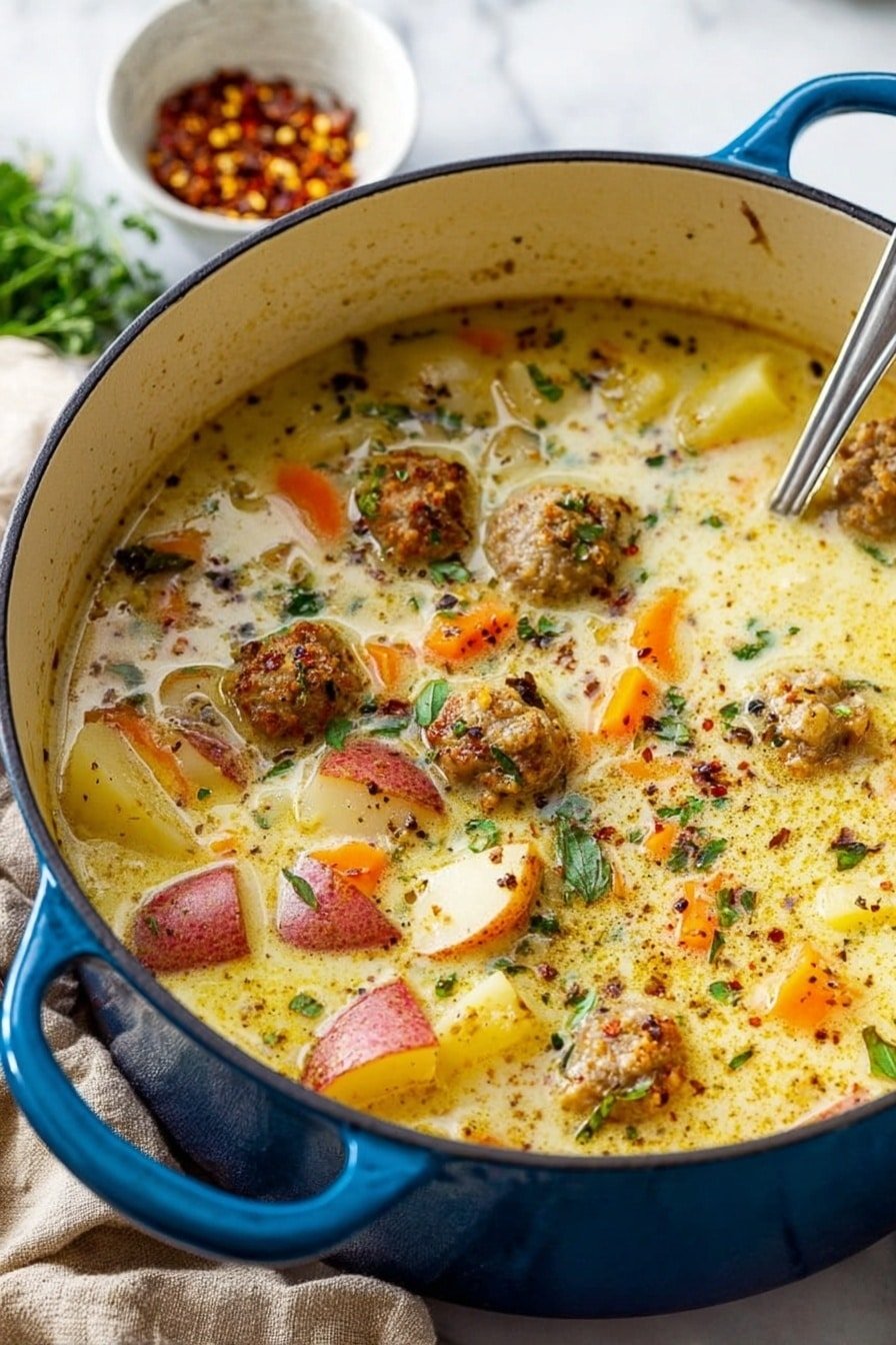 A large blue pot filled with creamy soup sits on a white marbled surface, showing chunks of red-skinned potatoes and orange carrot pieces mixed with small browned meatballs throughout the soup. The soup broth is light yellow with specks of black pepper and green herbs scattered on top. A metal spoon rests inside the pot, partly submerged in the soup. In the background, there is a small white bowl with red chili flakes and some green herbs blurred out. A beige cloth is draped casually beside the pot. photo taken with an iphone --ar 2:3 --v 7