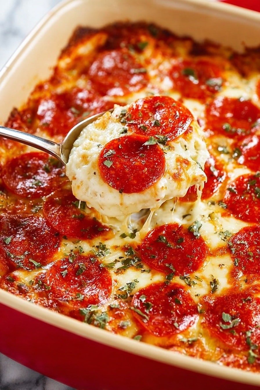 The dish is shown in a red baking dish filled with a cheesy pepperoni pizza bake. The base layer is melted cheese that looks creamy and soft, forming the main layer. On top, there are round pepperoni slices evenly placed, with a shiny, slightly crispy texture. Small green herb pieces are sprinkled over the cheese and pepperoni, adding color contrast. A silver spoon lifts a portion, showing the thick, gooey cheese layer and pepperoni on top. The edges of the cheese are lightly browned and bubbly. The dish is set on a white marbled surface. photo taken with an iphone --ar 2:3 --v 7