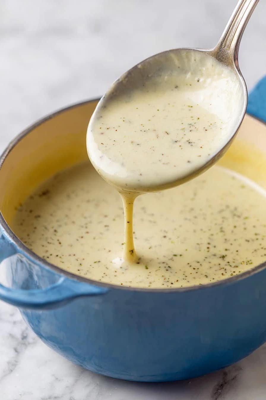 A thick creamy sauce with small specks of black pepper throughout is shown in a blue pot with a cream inside. The sauce has a smooth, velvety texture and is being scooped with a shiny silver ladle that is held above the pot, showing the sauce dripping slightly. The background shows a white marbled surface with subtle details. photo taken with an iphone --ar 2:3 --v 7