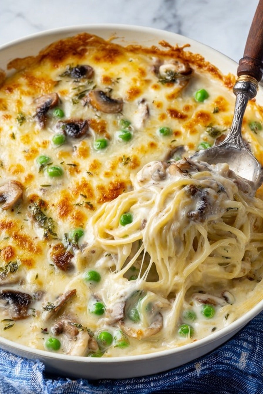 This is a close-up image of a creamy baked pasta dish in a white bowl. The dish has a top layer of melted cheese that is lightly browned with some golden spots. Beneath the cheese, there is a thick creamy layer with visible green peas and sliced dark brown mushrooms. The pasta underneath looks like spaghetti, coated in a rich white sauce with small bits of tender meat. A silver spoon with a brown wooden handle is lifting some of the creamy pasta mixture, showing the stringy texture of the cheese and the smooth sauce. The bowl sits on a white marbled surface with a blue striped cloth beneath it. Photo taken with an iphone --ar 2:3 --v 7