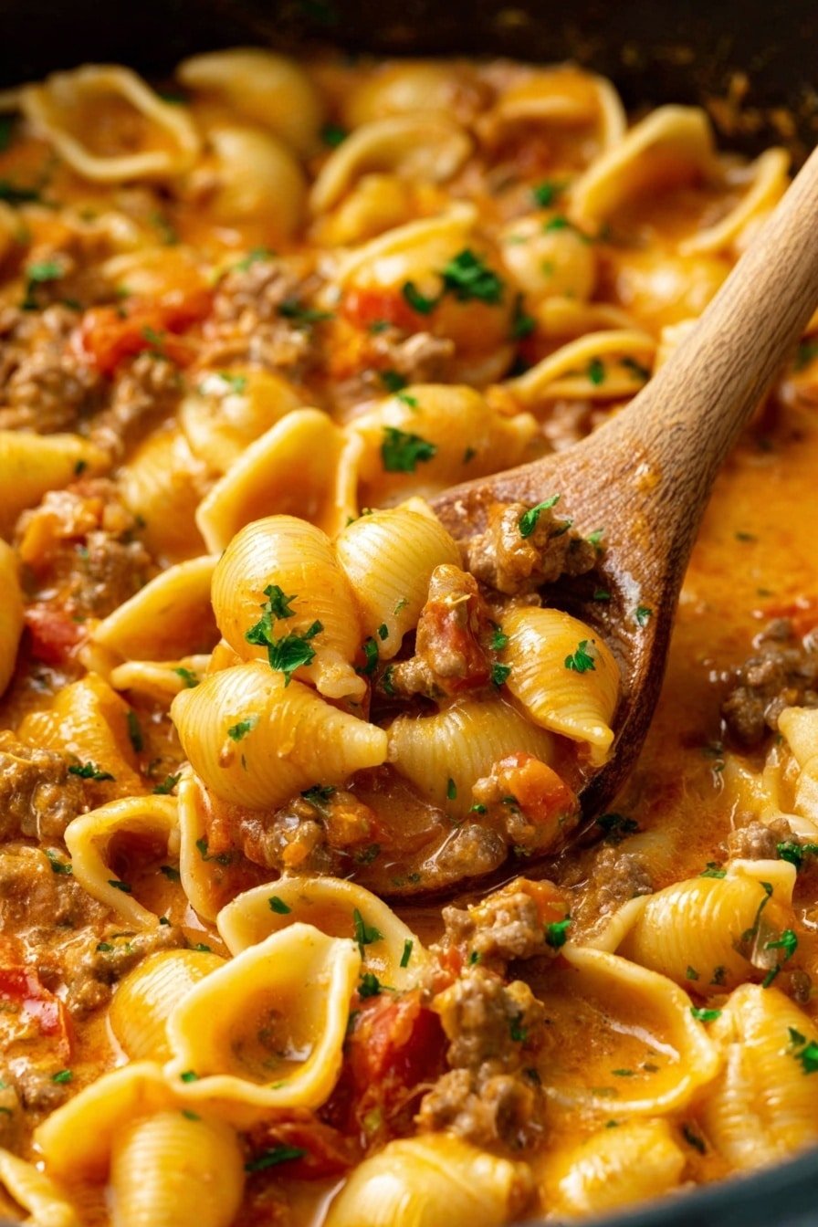 The image shows a close-up of a creamy pasta dish in a pot, with many small shell pasta pieces coated in a light orange sauce. The sauce is mixed with small browned meat bits and diced red tomatoes. Green herbs are sprinkled throughout the dish, adding a fresh touch. A wooden spoon is lifting some pasta and sauce from the pot. The overall look is thick, warm, and hearty with the textures of soft pasta, tender meat, and smooth sauce clearly visible. The photo taken with an iphone --ar 2:3 --v 7