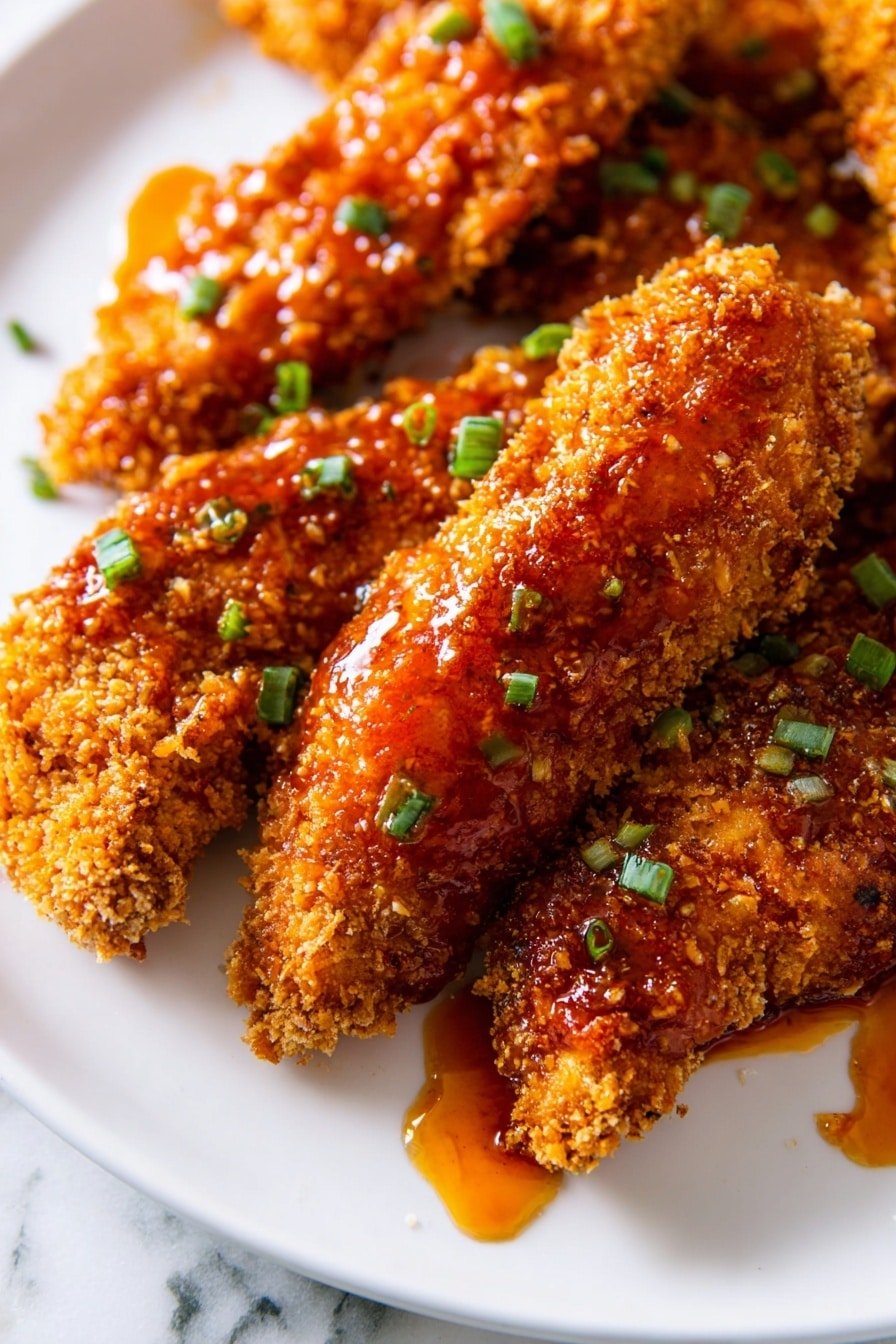 The image shows several pieces of crispy fried chicken tenders placed closely together on a white plate. Each piece has a rough, crunchy golden-brown crust with a reddish-orange sauce poured over the top, making them look shiny and moist. Small pieces of green onion are sprinkled evenly across the chicken, adding a fresh green contrast to the warm colors of the chicken and sauce. The plate is on a white marbled surface with some sauce drips visible around the chicken, giving a fresh, appetizing look. photo taken with an iphone --ar 2:3 --v 7