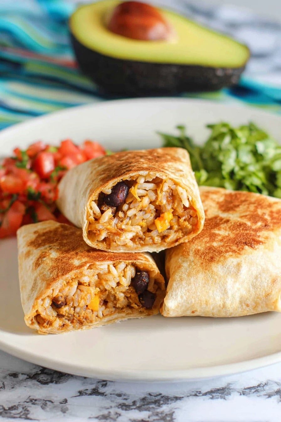 The image shows a white plate with two folded tortillas, one whole and one cut in half to reveal the inside. The tortillas are golden-brown and have a slightly crispy texture. Inside, the filling has white rice, black beans, and shredded orange-colored ingredients mixed together. Behind the tortillas on the plate, there is half an avocado with the seed still inside and some green leafy garnish. To the side, there is a small serving of diced tomatoes mixed with green herbs. The plate is set on a surface with a white marbled texture, and in the background, there is a blurred colorful cloth with blue, green, yellow, and red stripes. Photo taken with an iphone --ar 2:3 --v 7