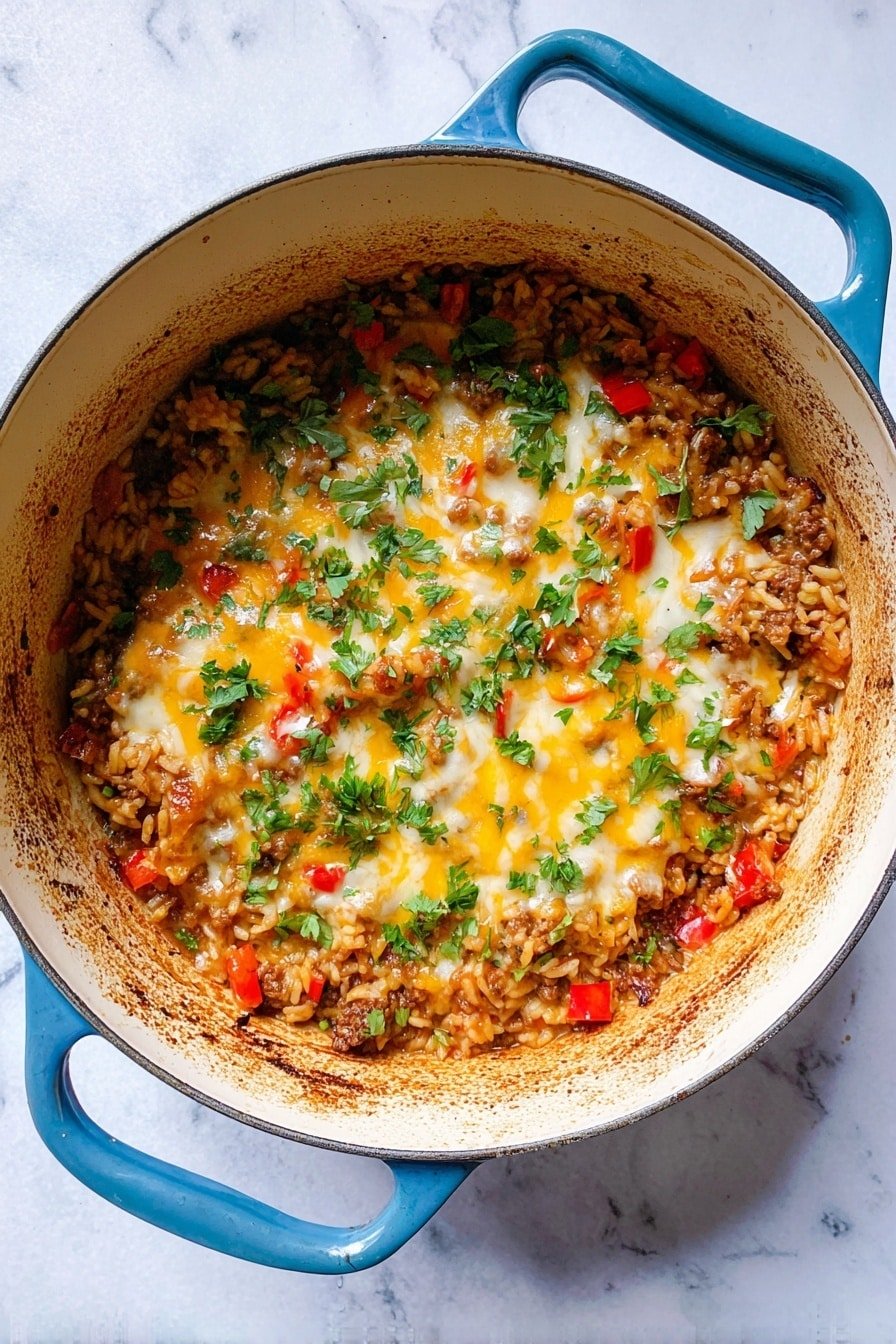 A large blue pot on a white marbled surface holds a one-layer dish of cooked rice mixed with browned meat and diced red peppers, topped with melted yellow and white cheese and garnished with fresh green parsley scattered evenly on top. The inside edge of the pot is stained with cooking residue. The photo taken with an iphone --ar 2:3 --v 7