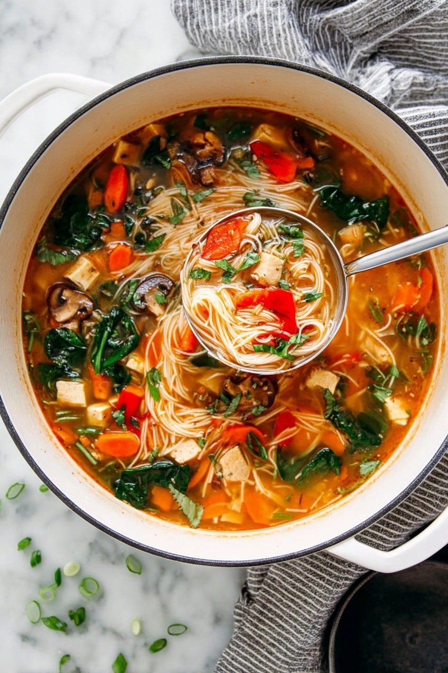 A large white pot filled with clear orange broth containing thin white noodles, bright orange carrot slices, dark green spinach leaves, light brown mushroom slices, and small light tan tofu cubes, with a silver ladle lifting a portion that shows noodles on the bottom, carrot and red bell pepper pieces in the middle, and green herbs on top; the pot sits on a white marbled surface with scattered green onion pieces around it, next to a striped cloth and a partially visible black bowl. photo taken with an iphone --ar 2:3 --v 7