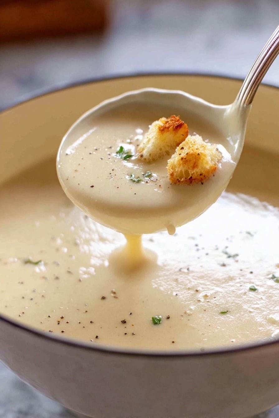 The image shows a white ladle filled with creamy, smooth, light beige soup held over a large white bowl. The soup has a thick consistency and appears glossy. On the surface of the soup in the ladle, there are small pieces of golden brown croutons and tiny green garnish bits, along with a few specks of black pepper. The background includes a white marbled texture that softly reflects light. Photo taken with an iphone --ar 2:3 --v 7