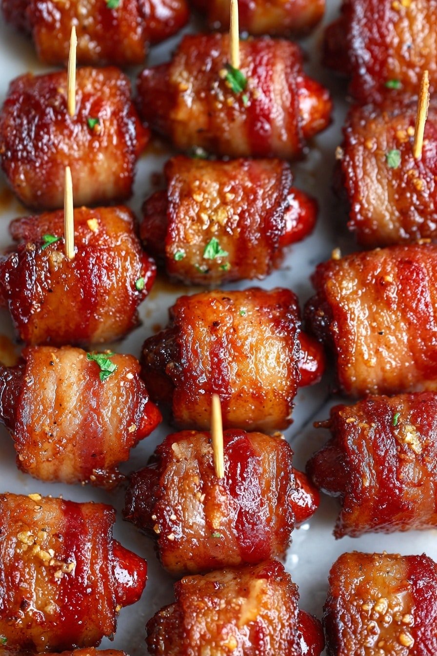 The image shows many small sausages wrapped tightly with crispy, browned bacon, arranged closely together in neat rows. Each sausage-wrapped piece is held with a small wooden toothpick, with the bacon cooked to a deep reddish-brown color and slightly charred on the edges. The sausages peek out at the ends, showing a glossy reddish surface. A layer of shiny, slightly oily glaze covers the bacon, adding a moist texture with small bits of crunchy seasoning sprinkled on top. The whole arrangement sits on a white marbled surface. Photo taken with an iphone --ar 2:3 --v 7