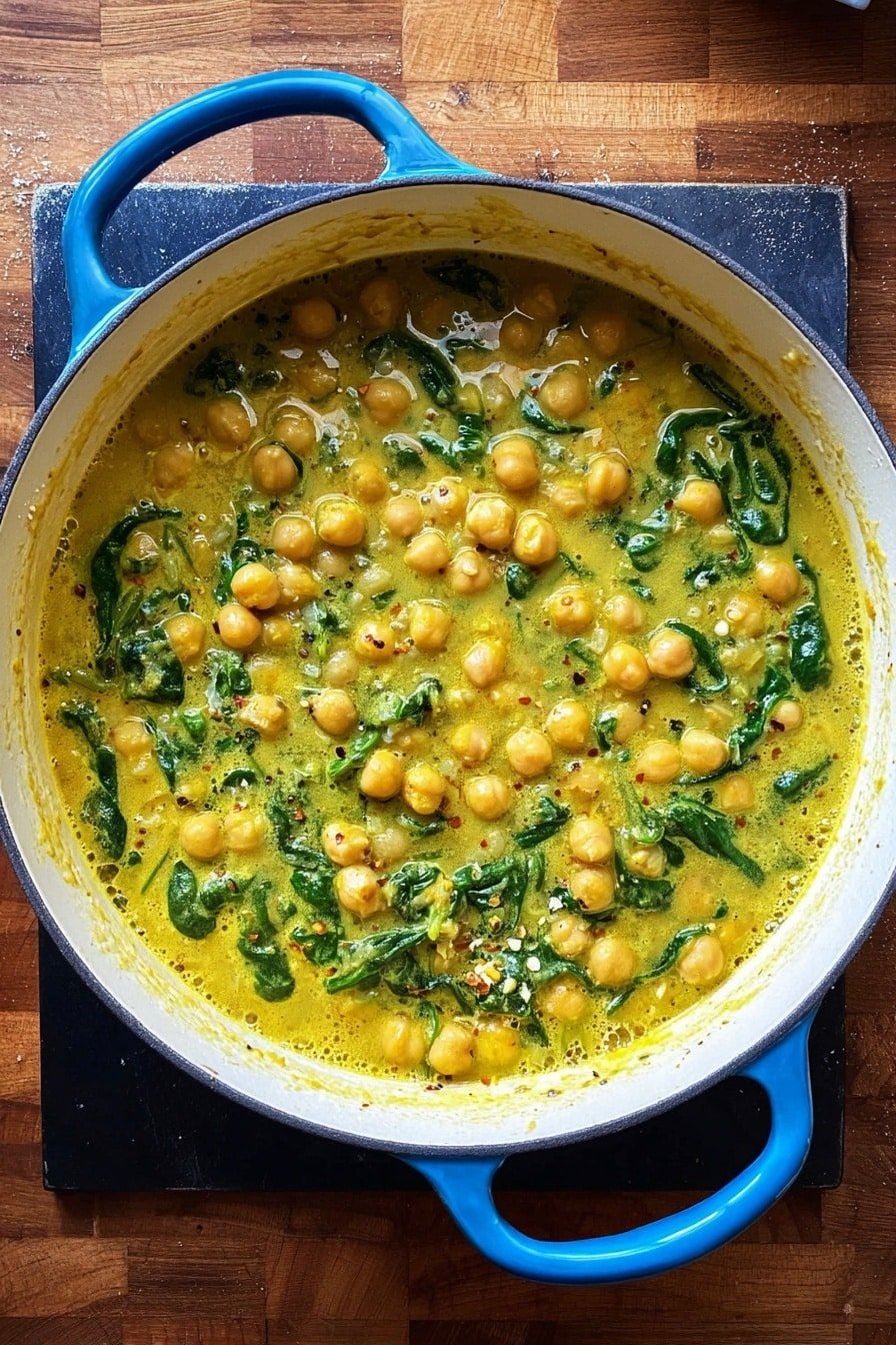 A large white pot with blue handles filled with a creamy yellow chickpea stew that has visible whole chickpeas and green spinach leaves mixed in. The stew looks thick with some bubbles on the surface and small bits of seasoning floating throughout. The pot sits on a dark square surface placed on a wooden table with a close-up overhead view. photo taken with an iphone --ar 2:3 --v 7