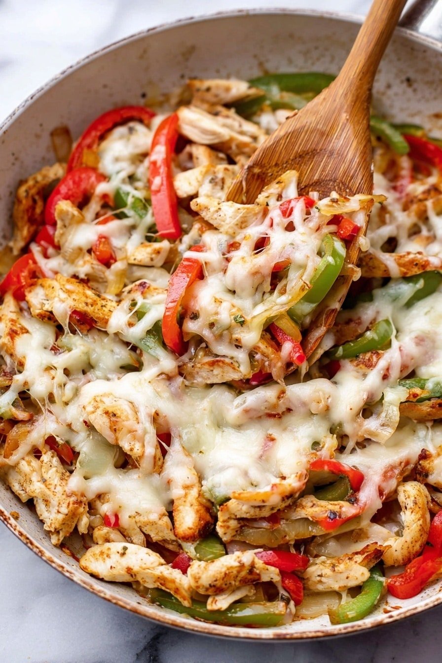 The image shows a white pan filled with a colorful mix of thin strips of cooked chicken, red and green bell peppers, and onions, all covered with melted white cheese that drapes over the ingredients. The chicken pieces are light brown with grill marks, the bell peppers are bright red and green, and the onions appear soft and slightly transparent. A wooden spoon is scooping a portion of the mixture, highlighting its texture and layers. The pan is placed on a white marbled surface. photo taken with an iphone --ar 2:3 --v 7