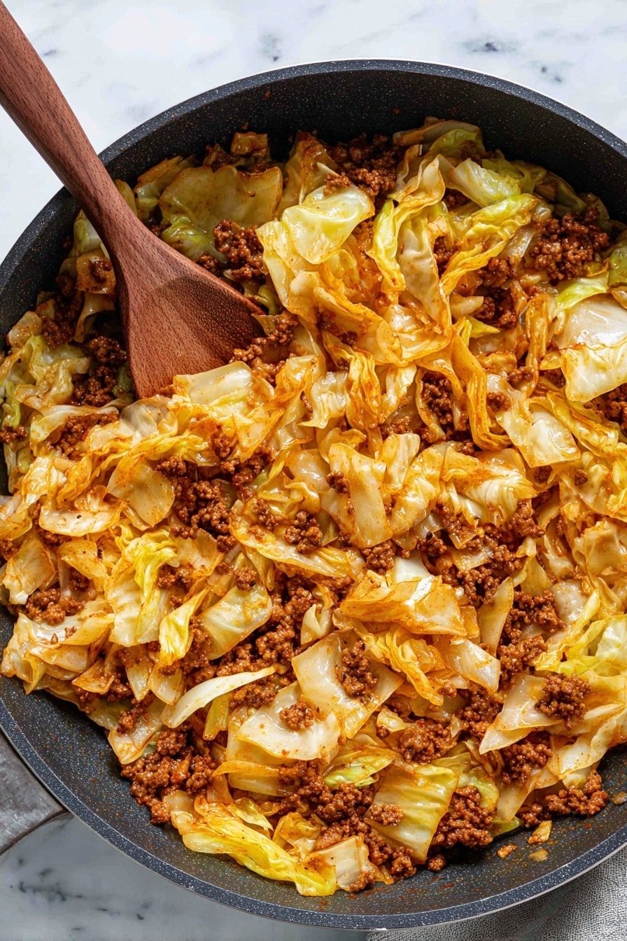 A close-up view of a black cooking pan filled with a dish made of chopped, cooked cabbage and browned ground meat mixed together, showing a soft and slightly wet texture with orange and brown colors. The cabbage pieces are large and light yellow with some caramelized edges, layered evenly throughout the pan. The ground meat is spread evenly in small crumb-like clusters over the cabbage. A wooden spoon with a long handle rests inside the pan on the left side, partially covered by the food, lifting some cabbage and meat mix. The whole scene is set on a white marbled surface. photo taken with an iphone --ar 2:3 --v 7