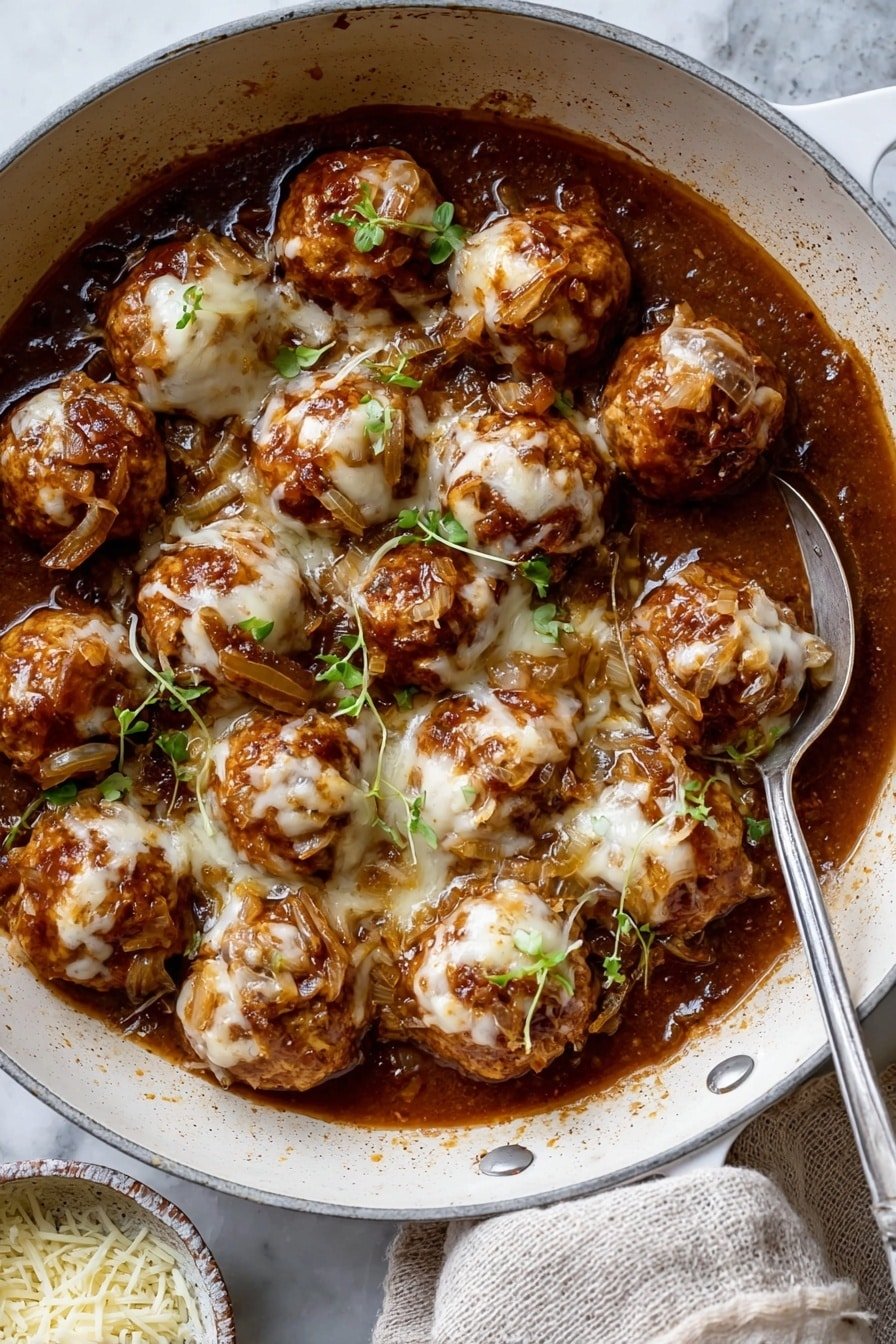A white pan filled with round meatballs layered in rich brown sauce, topped with melted white cheese and caramelized golden-brown onions scattered evenly over each meatball, with small green herb leaves adding color contrast. A silver spoon is placed inside the pan on the right side among the meatballs. The pan sits on a white marbled surface with a light beige cloth partially visible on the right, and a small bowl with shredded cheese on the bottom left corner. Photo taken with an iphone --ar 2:3 --v 7