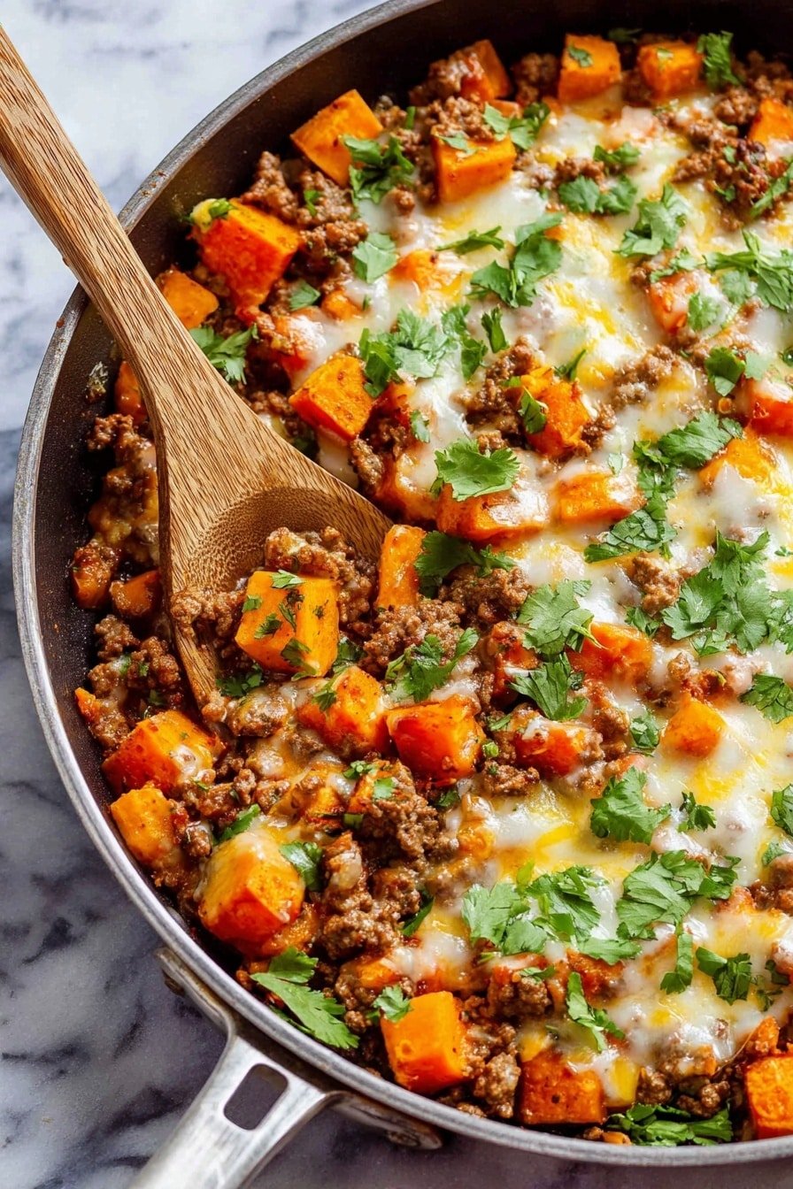 A close-up view of a skillet filled with a colorful mix of cooked ground meat and diced orange sweet potatoes layered throughout, with melted yellow and white cheese spread unevenly across the top, garnished with fresh green cilantro leaves scattered over the dish. A wooden spoon rests in the skillet, partially covered by the food. The skillet is set on a white marbled surface. photo taken with an iphone --ar 2:3 --v 7