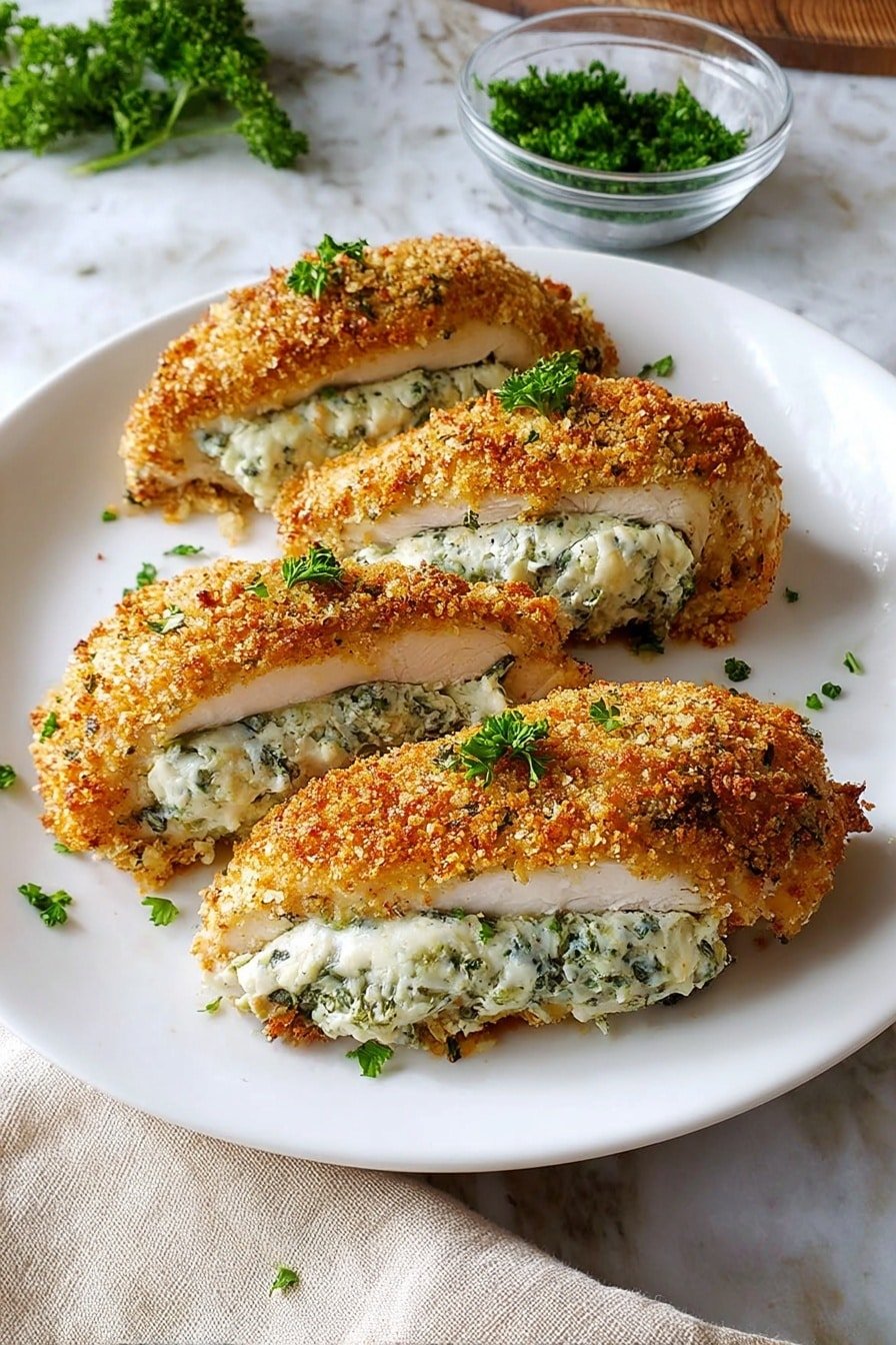 A white plate with four crispy golden brown stuffed chicken pieces arranged in two rows, each piece showing a thick layer of creamy, white filling mixed with green herbs inside. The chicken’s outer layer is crunchy and textured with a golden crust. Small pieces of chopped green parsley are sprinkled on top of the chicken, adding a fresh touch. In the background, there is a small clear glass bowl with more chopped green herbs. The setting is on a white marbled surface with a soft beige cloth partially visible at the bottom left. photo taken with an iphone --ar 2:3 --v 7